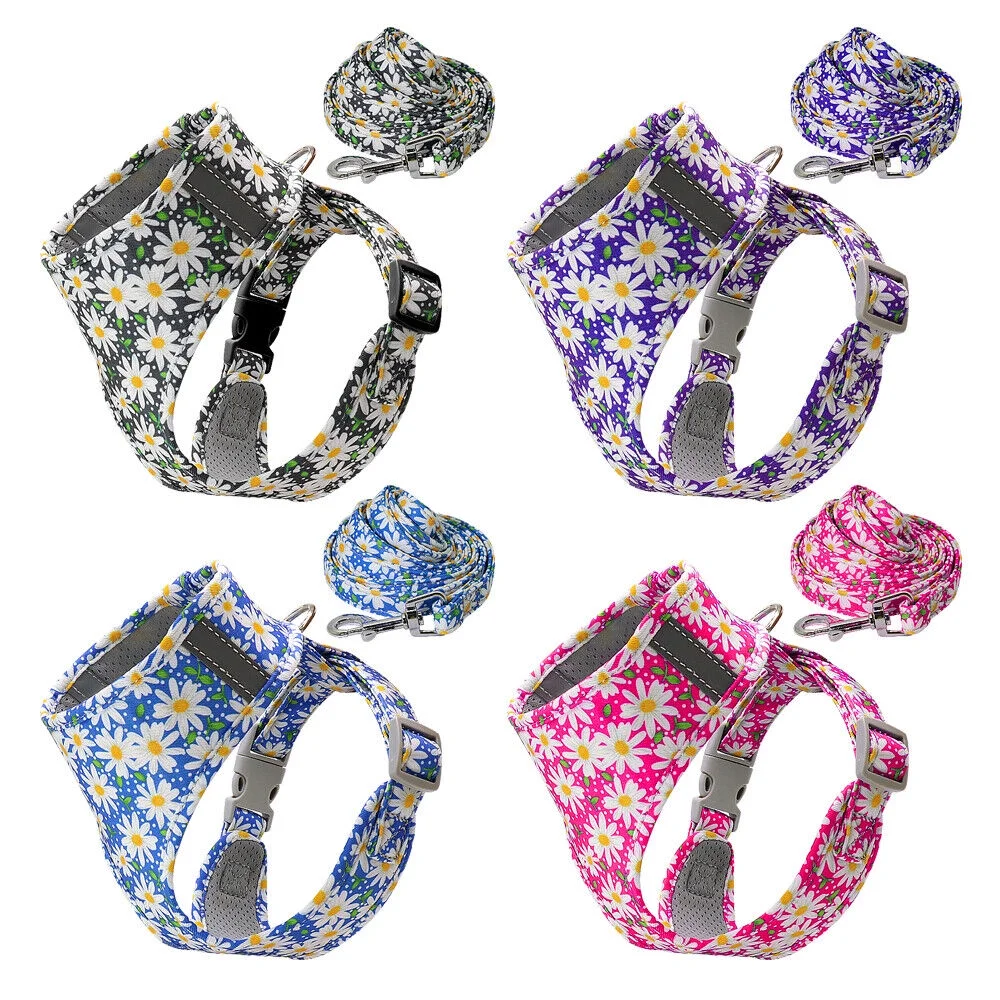 Floral Small Dog Harness and Leash Set Reflective Pet Cat Walking Vest Harnesses