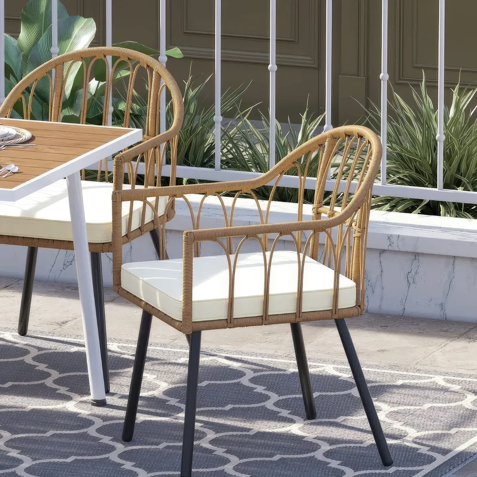 Dextrus 7 Pieces Outdoor Patio Dining Set with 6 Rattan Wicker Dining Chair & Rectangle Table with Umbrella Hole for 6-Person, Beige