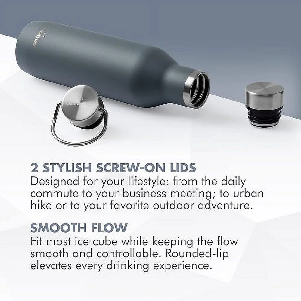 GrandTies Stainless Steel Water Bottles with 2 Lids | Slim Vacuum Insulated Cupholder Flask | Reusable Leak Proof BPA-Free Keep Cold Water bottle for School Gym Travel Sports | 21oz, Stone Gray