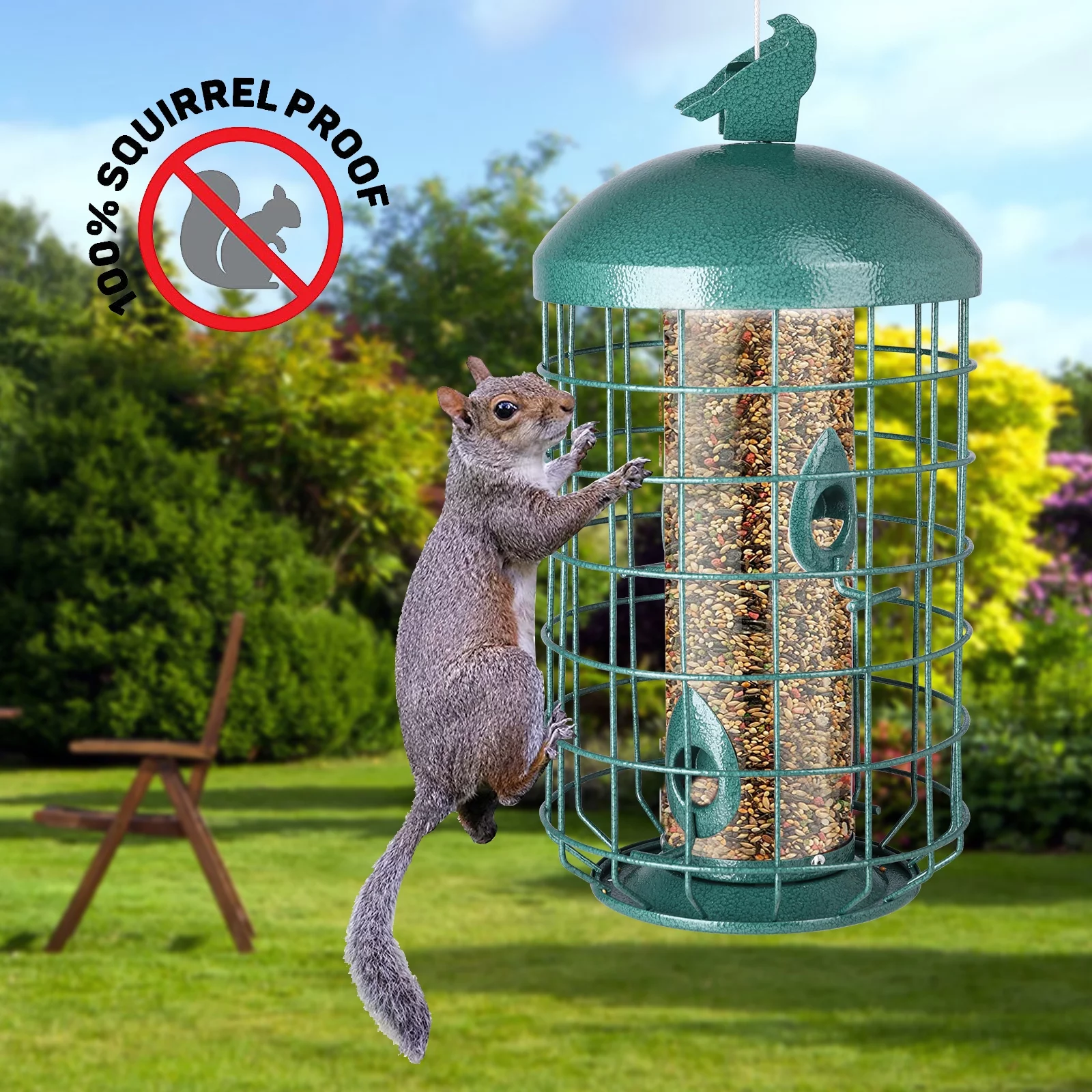 MUMTOP Squirrel Deterrent Green Bird Feeders for Outdoors Hanging, 2.73 lb Large Capacity, Caged Tube Wild Bird Feeder – Premium Grade Steel, Chew-Proof and Weather Resistant