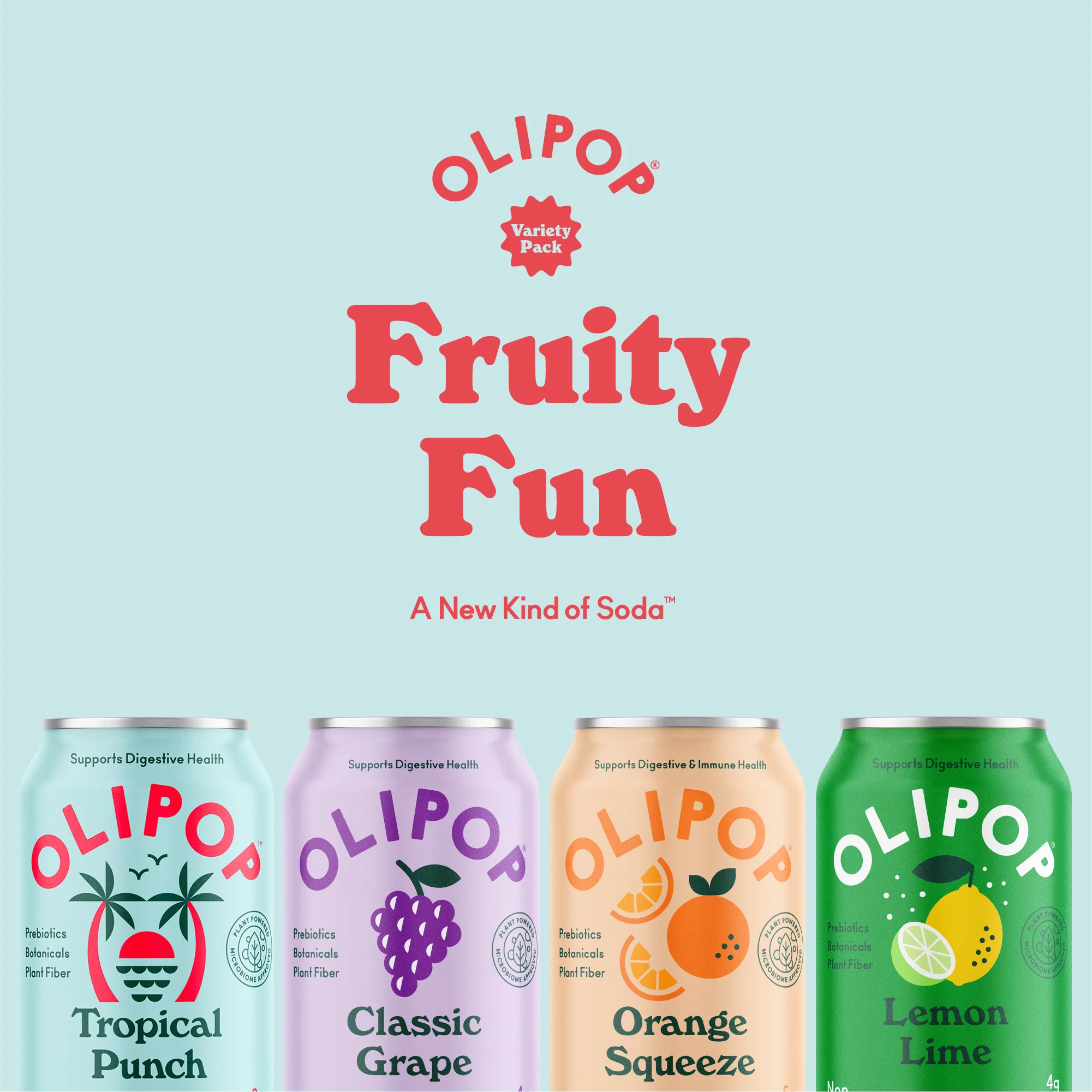 OLIPOP Prebiotic Soda, Fruity Fun Variety Pack, 12 fl oz, 12 Pack