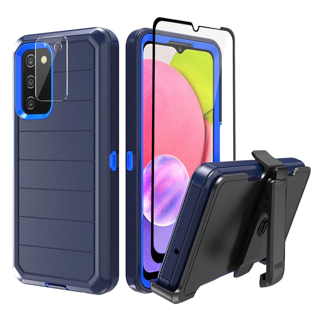 Xhy Samsung Galaxy A03S Case with Belt Clip Holster Screen and Lens Protector Military Grade Full Body Shock Drop Resistant 3 in 1 Rugged Durable Detachable for Samsung A03S Phone - Dark Blue
