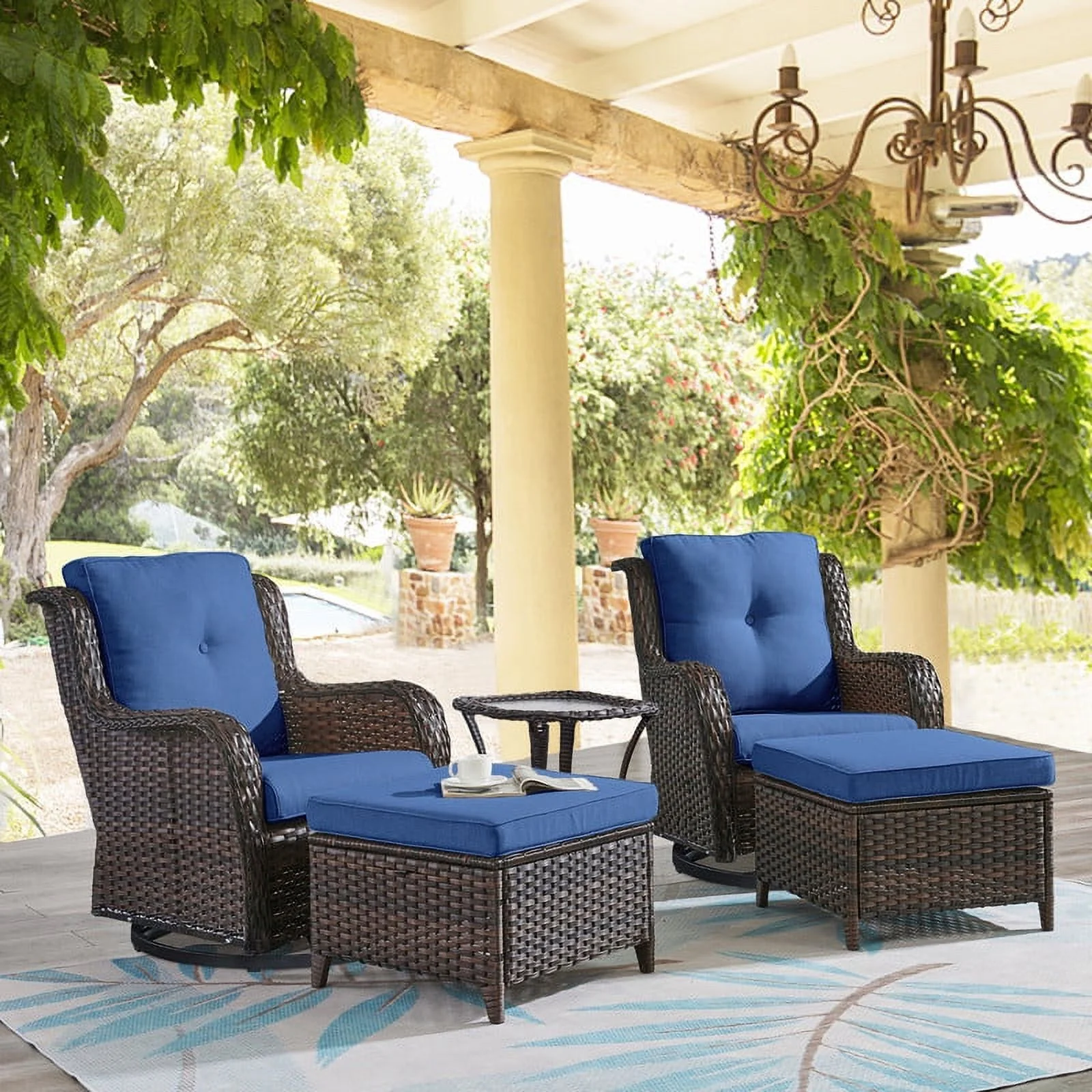 PARKWELL 5-Piece Outdoor Conversation Sets,Wicker Swivel Gliders with Ottomans,Side Table,Patio Seating Furniture with Blue Cushions,Brown Wicker
