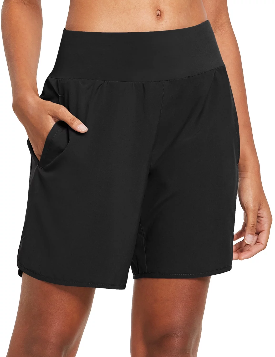 BALEAF Women's 7 Inches Long Running Shorts Back Zipper 4 Pockets Lounge Athletic Gym Shorts with Liner Black Size S