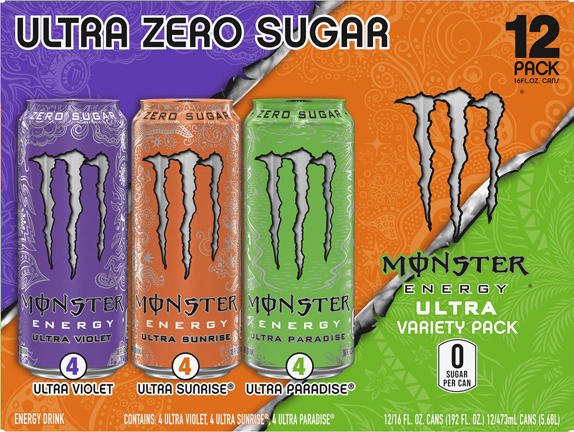 (12 Cans) Monster Ultra VP, Ultra Sunrise, Ultra Violet, Ultra Paradise, 16 fl oz, 12 Pack