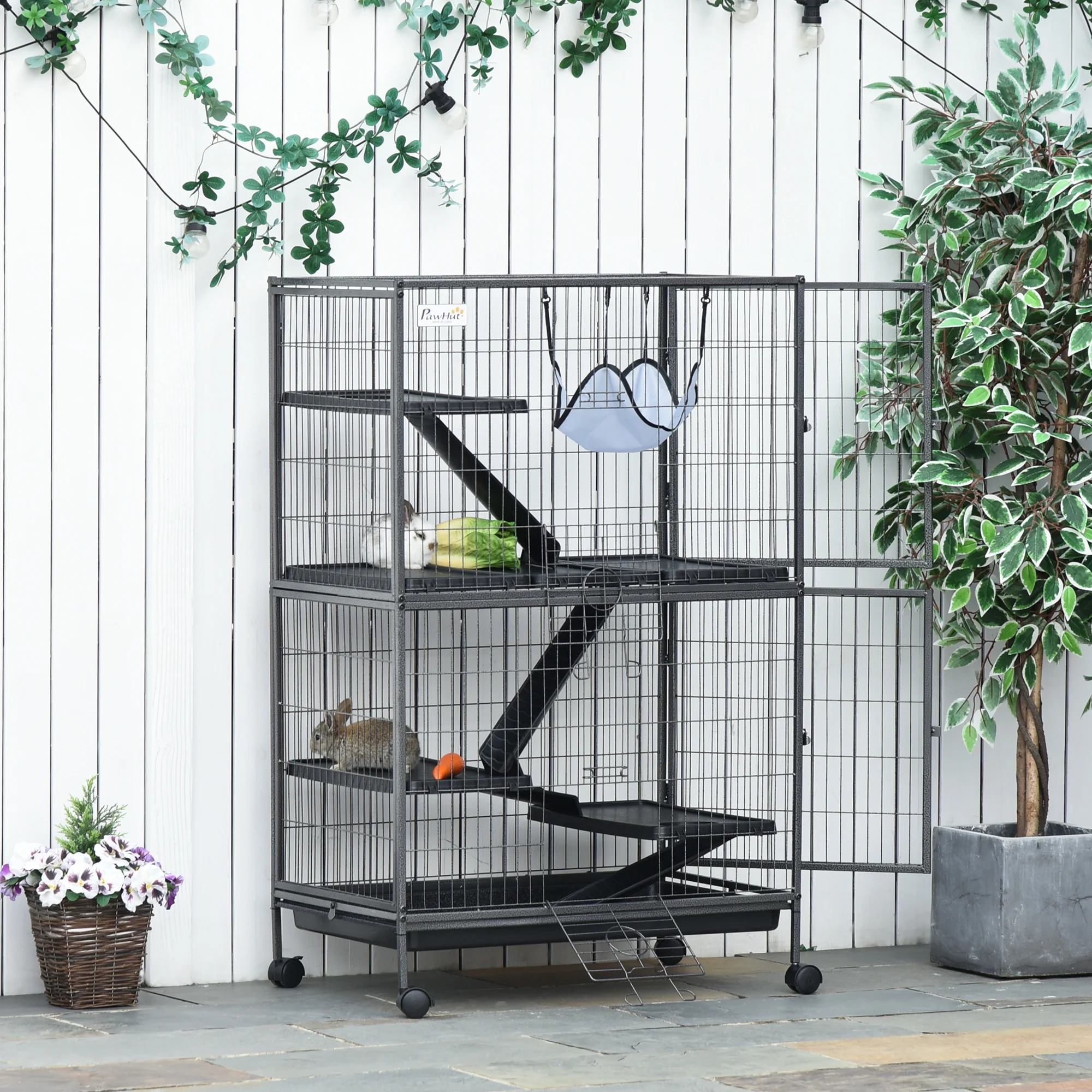 Pawhut 50” 4 Tier Steel Plastic Small Animal Pet Cage Kit with Wheels, Silver Gray Hammertone