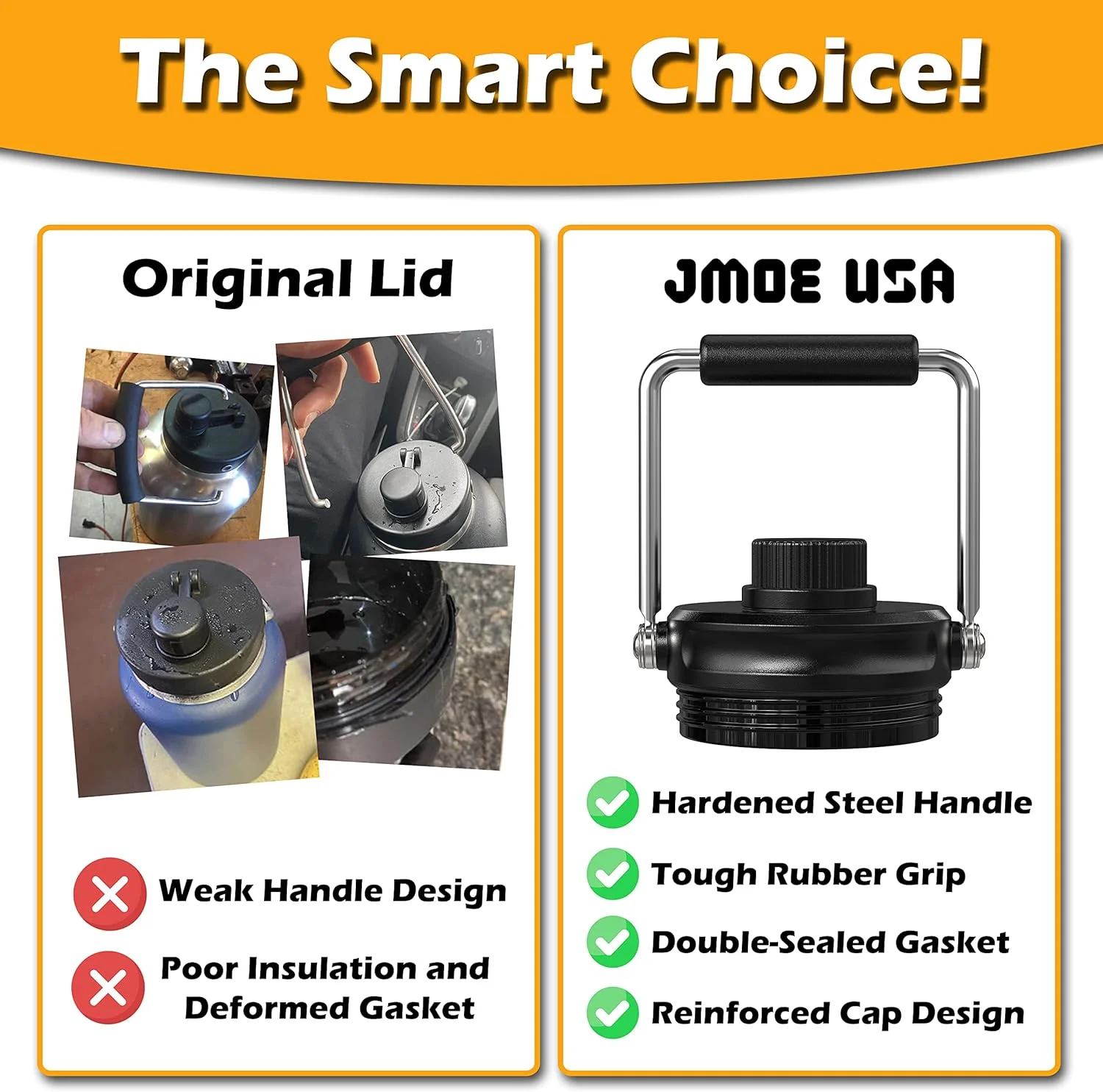 Jmoe USA Improved Jug Lid for RTIC Half Gallon and One Gallon Jugs | Replacement Lid with Upgraded Features, Better Cap, Rubber Grip, Thicker Steel, and Better Gasket | Made of BPA Free Plastic