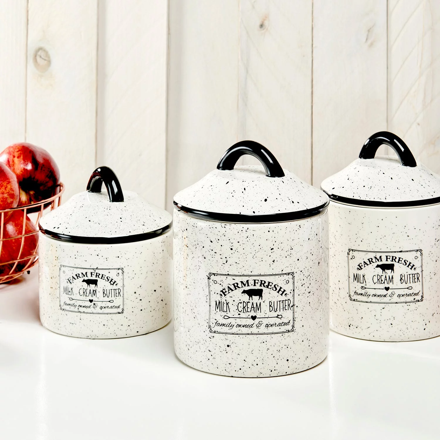 American Atelier, Round, White Ceramic Kitchen Canisters with Lids (Farm Fresh), Set of 3