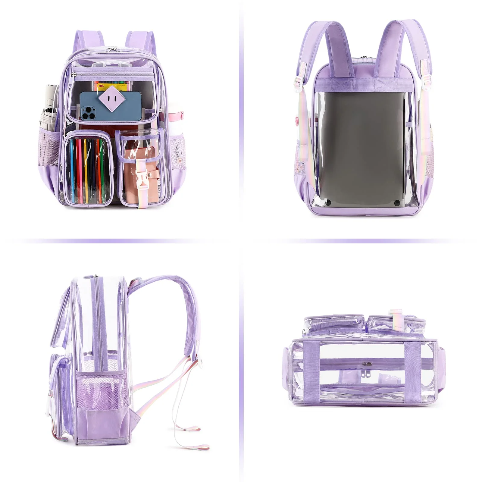 Sanmadrola Large Clear Backpack Heavy Duty Stadium Approved Girls Backpack Waterproof Pvc Transparent Backpacks for Girls Clear Bag with Reinforced Strap for School Work Travel Festival, Purple