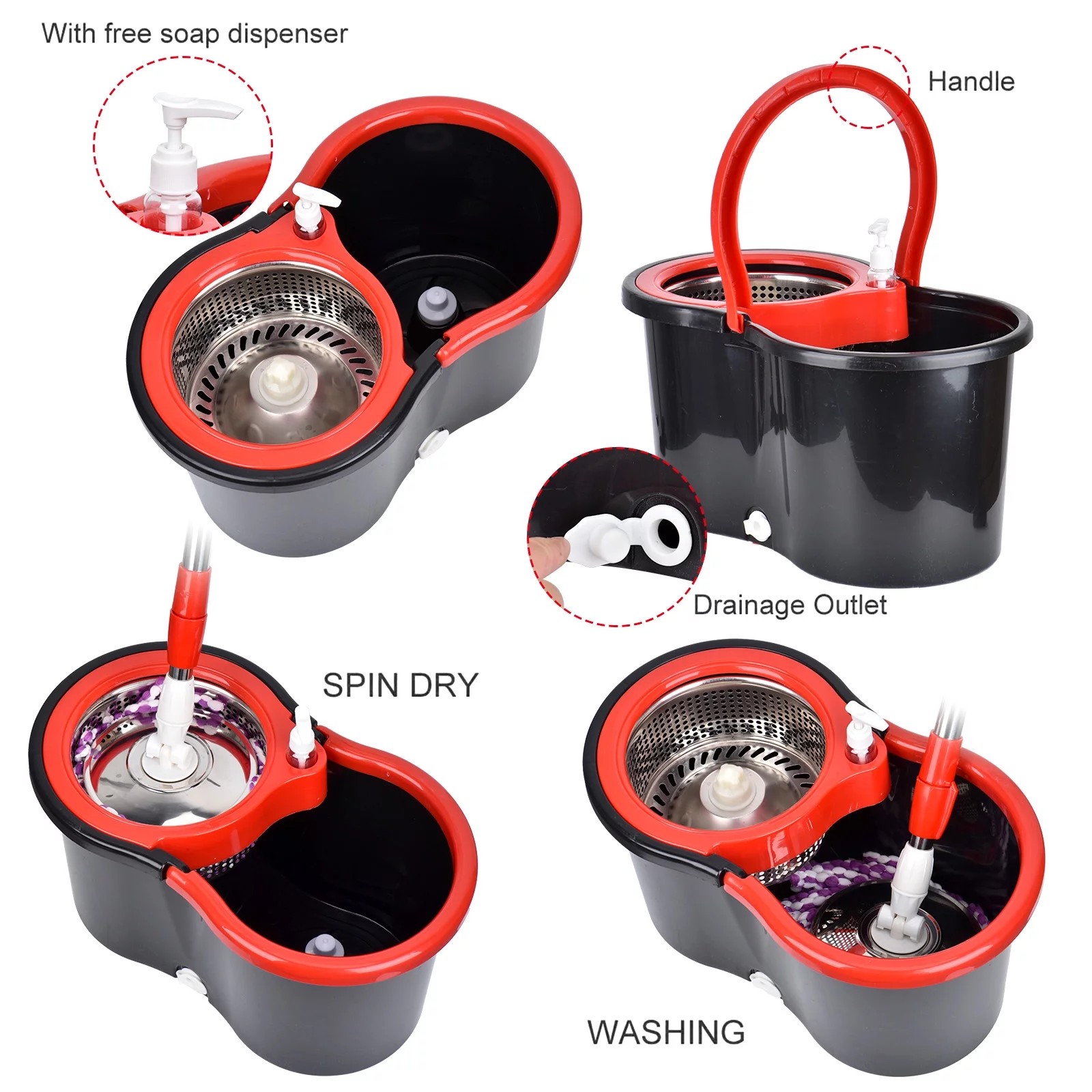 Mop Bucket with Wringer Set, 360 Spinning Mop Bucket Systerm for Floor Cleaning with 3 Microfiber Mop Head for Office and Home Use, Black (Mop Bucket 20QT)