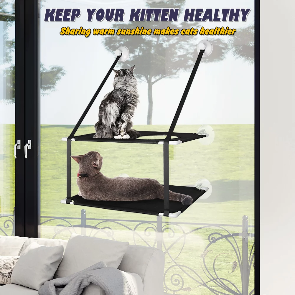 Petbobi Cat Window Perches 2 Layered Hammock Cat Bed up to 55 lb, 20'' x 12'' x 26.4'', Black