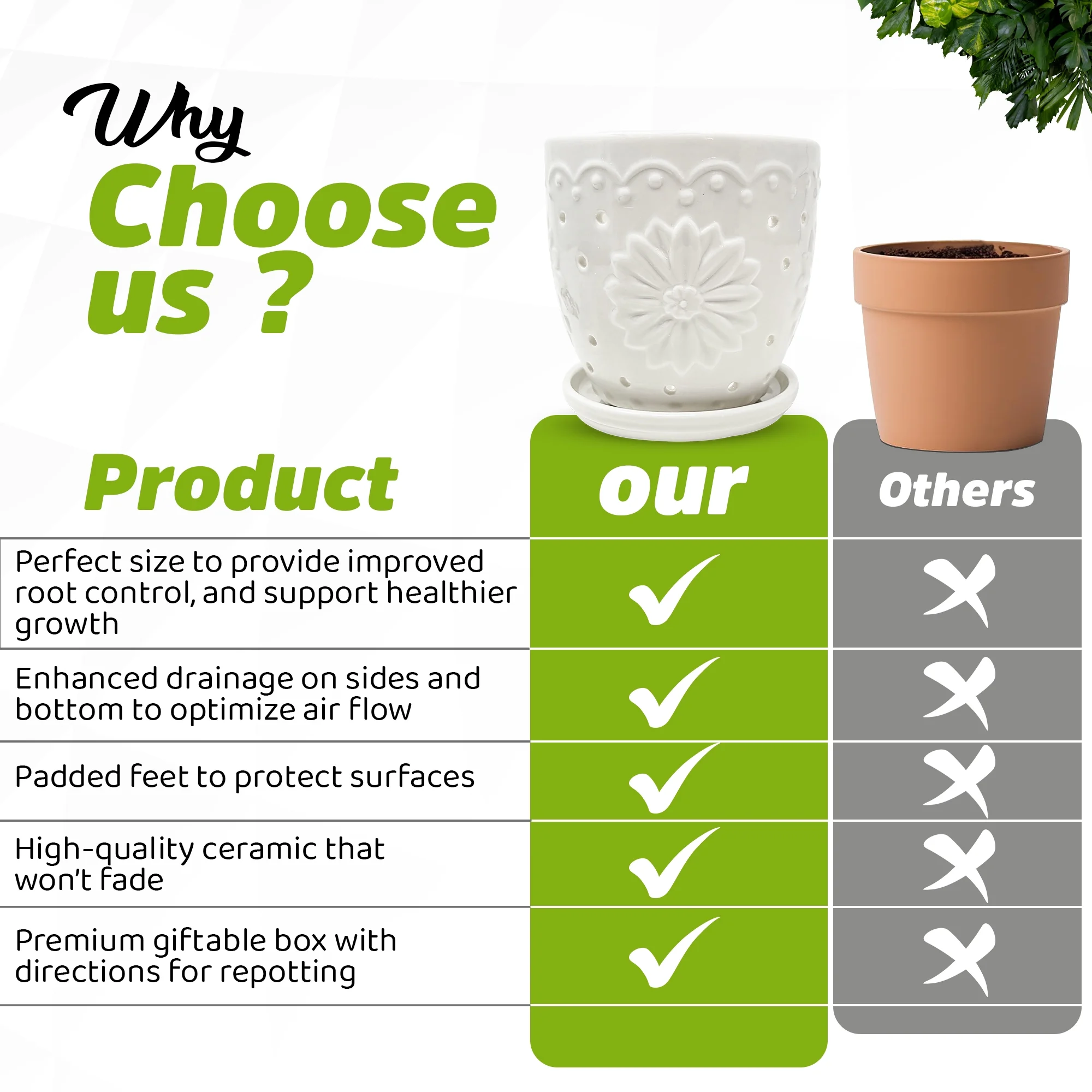 WILD ROOTS CO Ceramic Orchid Pot with Holes for repotting. Includes Steel tip prunning Scissors and six Transparent Dragonfly Orchid Clips.