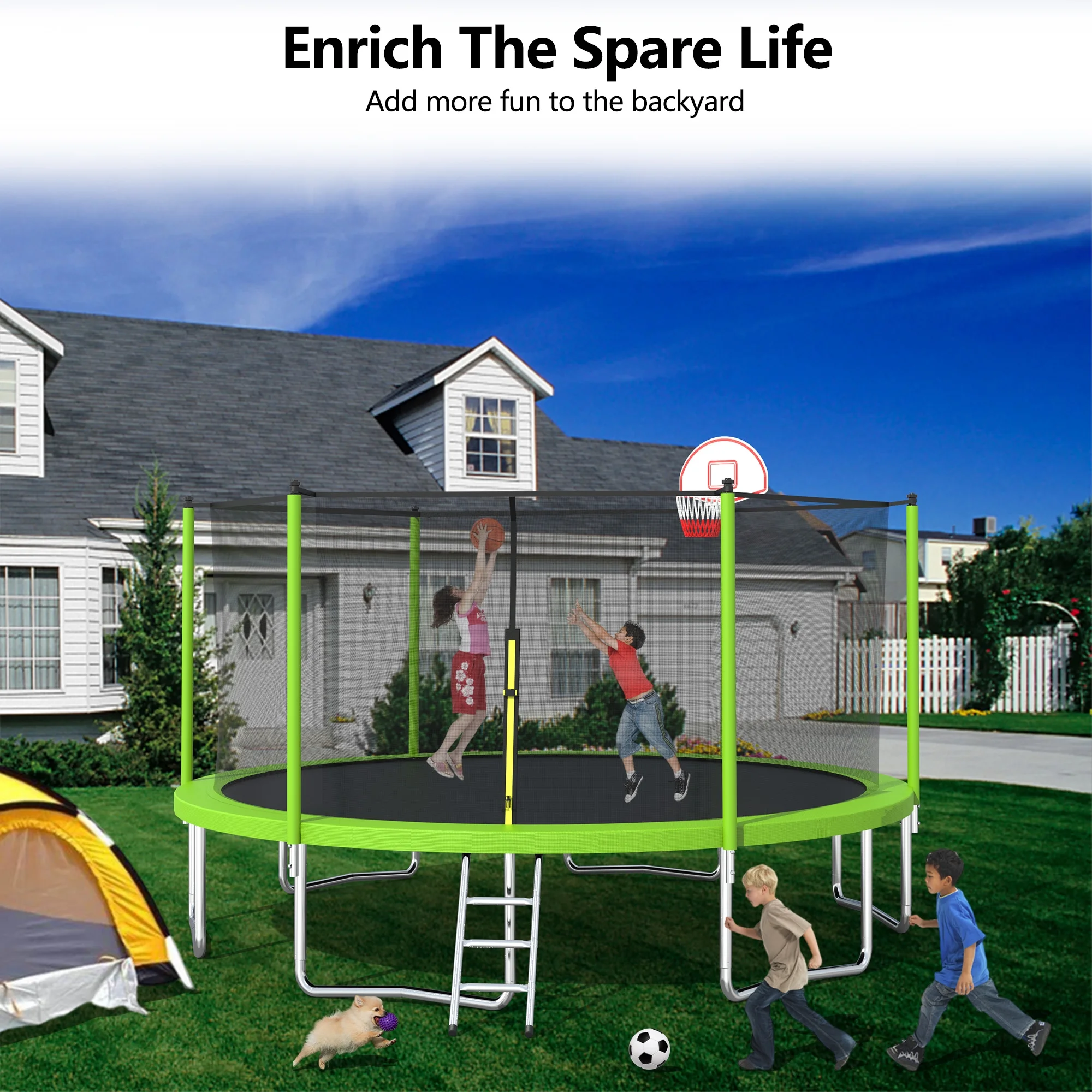 EUROCO 1300LB 15FT Trampoline for Adults and Kids, Trampoline with Enclosure ,Ladder,Basketball Hoop,Heavy Duty Recreational Trampoline Capacity for 7-8 Kids