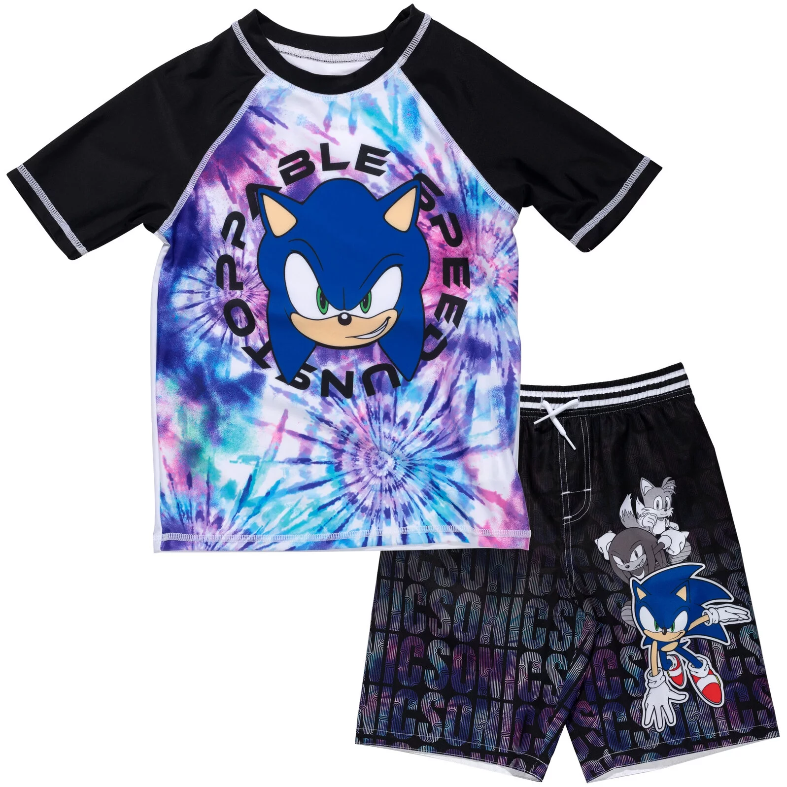 SEGA Sonic The Hedgehog Tails Knuckles Big Boys Pullover Rash Guard and Swim Trunks Outfit Set Little Kid to Big Kid