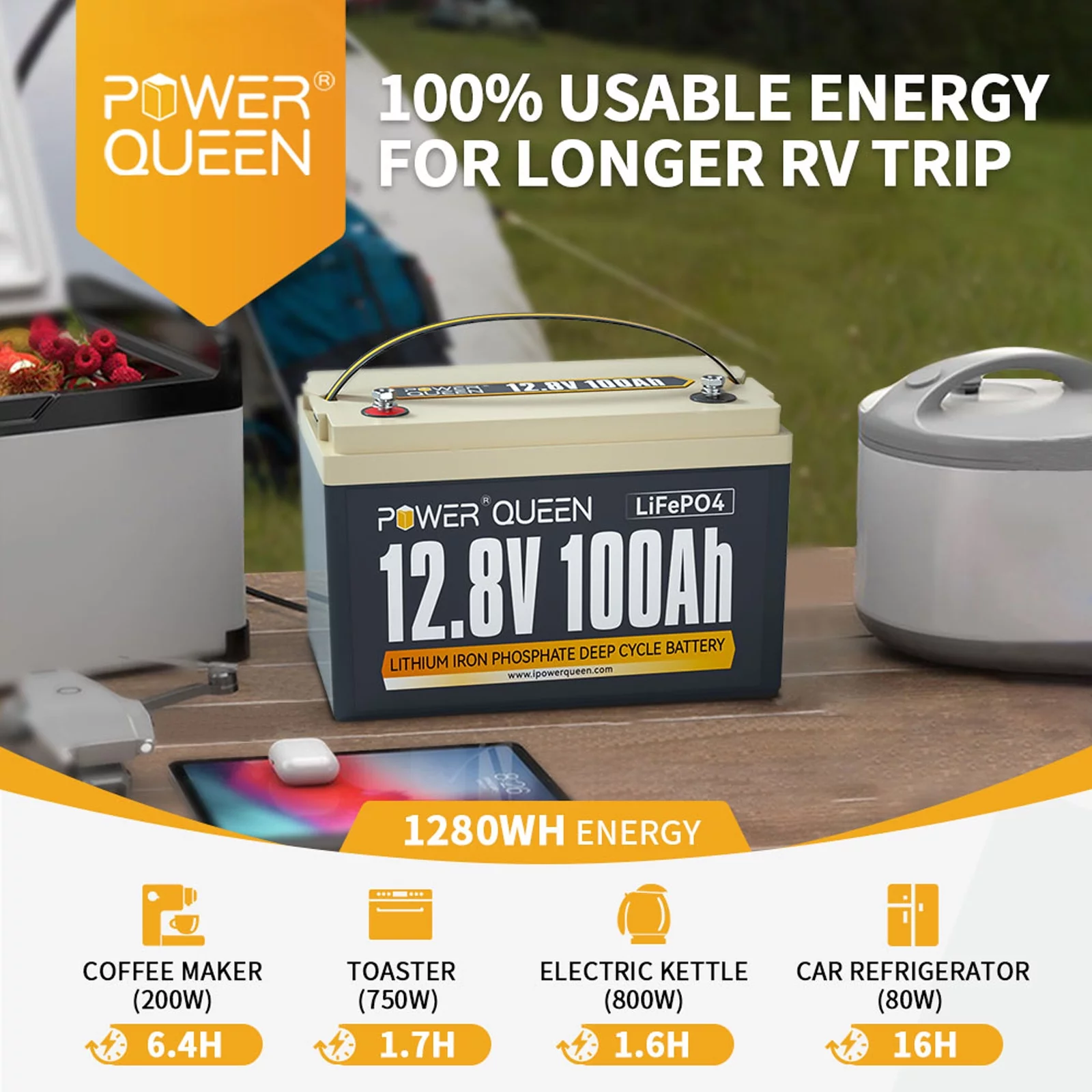 Power Queen 12V 100Ah LiFePO4 Battery with 100A BMS 4000+ Cycles for Camper RV