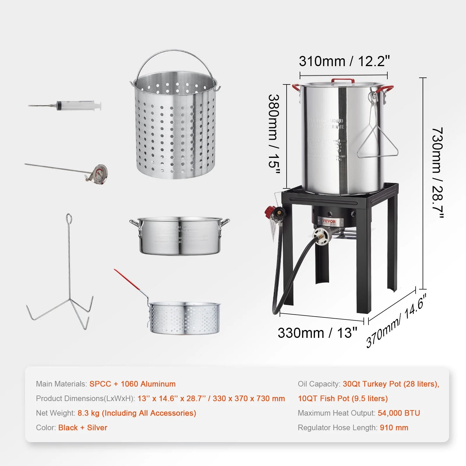 SKYSHALO Turkey Fryer Kit, 2-in-1 30QT Aluminum Turkey Deep Fryer & 10QT Fish Fryer Kit w/Baskets & Stand, 54000 BTU Burner Propane Gas Boiler, Thermometer, Marinade Injector for Outdoor Cooking