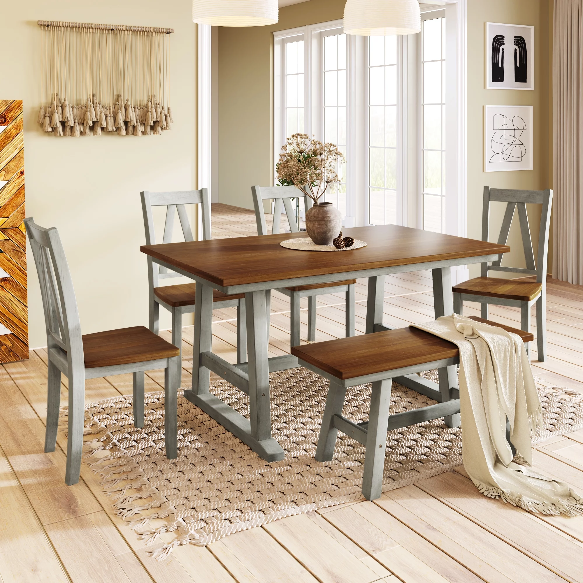 Churanty Wood Farmhouse Dining Table Set for 6 Kitchen Rectangle Table with Long Bench and 4 Dining Chairs, Walnut+Gray