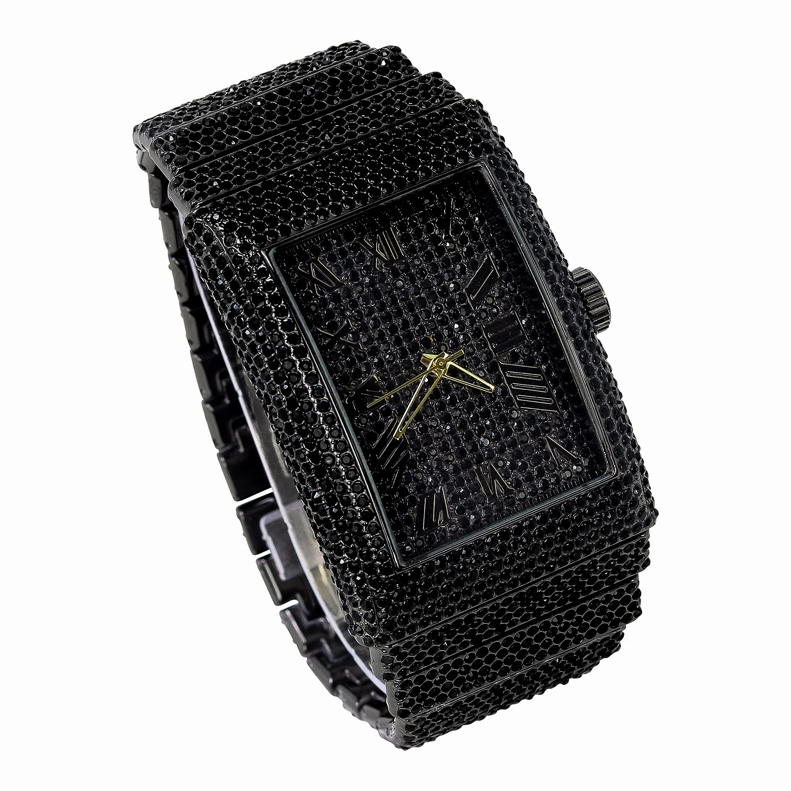 Men's Rectangle Iced Out Diamond Watch - Brilliant Crystals, Bling-ed Out Roman Dial, Iced Bezel - Fully Iced Out Band with Adjustable Sizing - Gun Black Finish - Luxury Timepiece