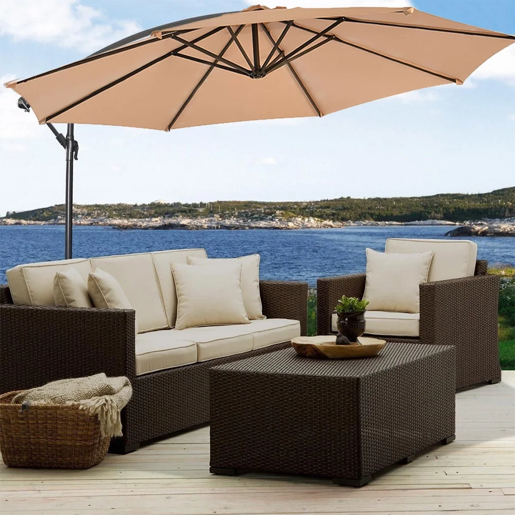 New Tan Patio Umbrella Offset 10' Hanging Umbrella Outdoor Market Umbrella D10
