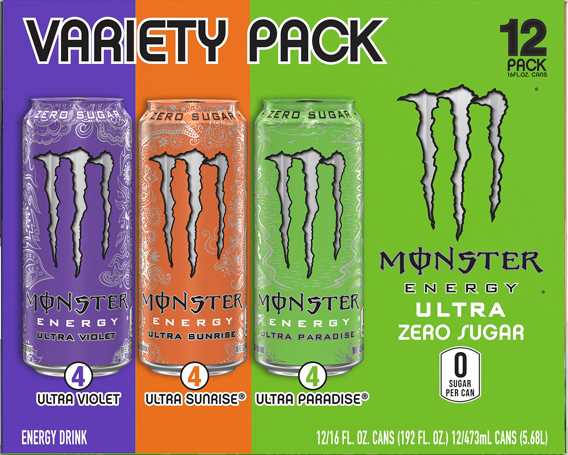 (12 Cans) Monster Ultra VP, Ultra Sunrise, Ultra Violet, Ultra Paradise, 16 fl oz, 12 Pack