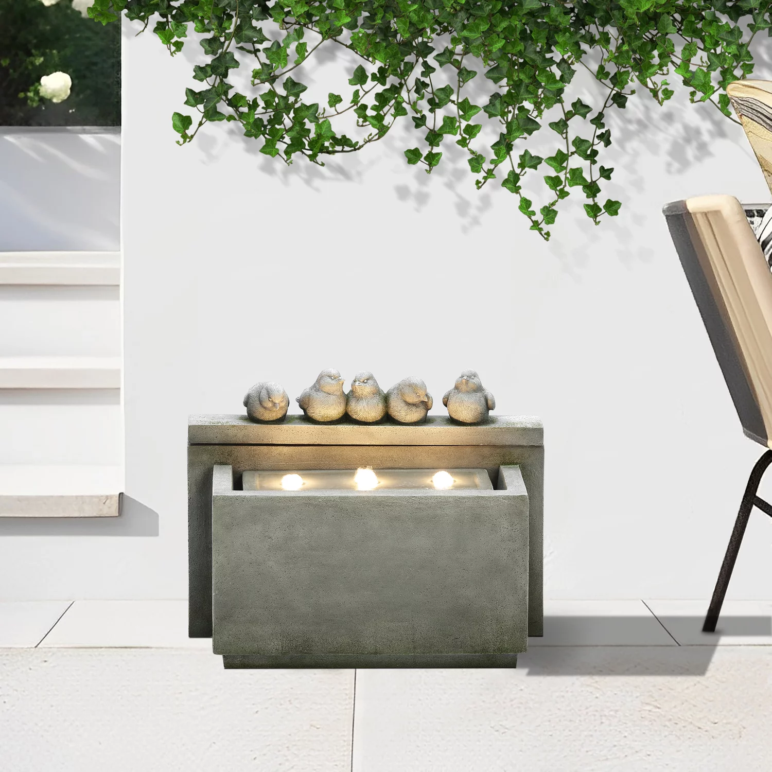 LuxenHome Gray Rectangular and Birds Resin Outdoor Bubbler Fountain with Lights