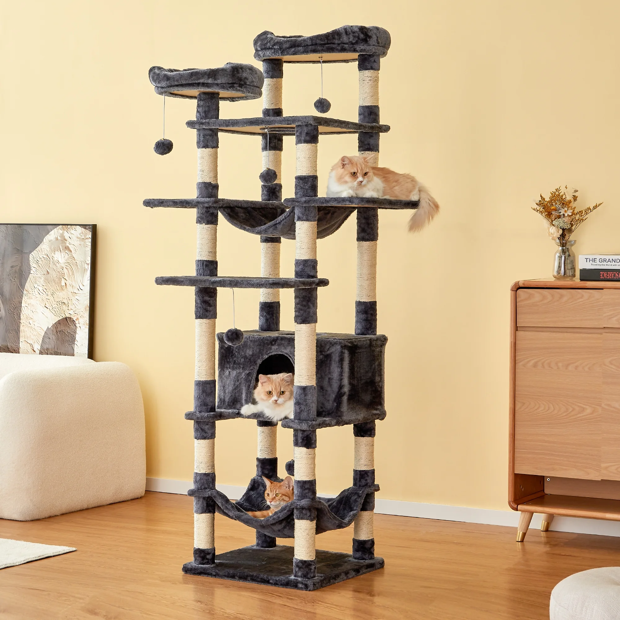 NECOLIKE 73.6'' Cat Tree for Large Cat Tower with Condo, 2 Perches and 2 Hammocks, Dark Gray