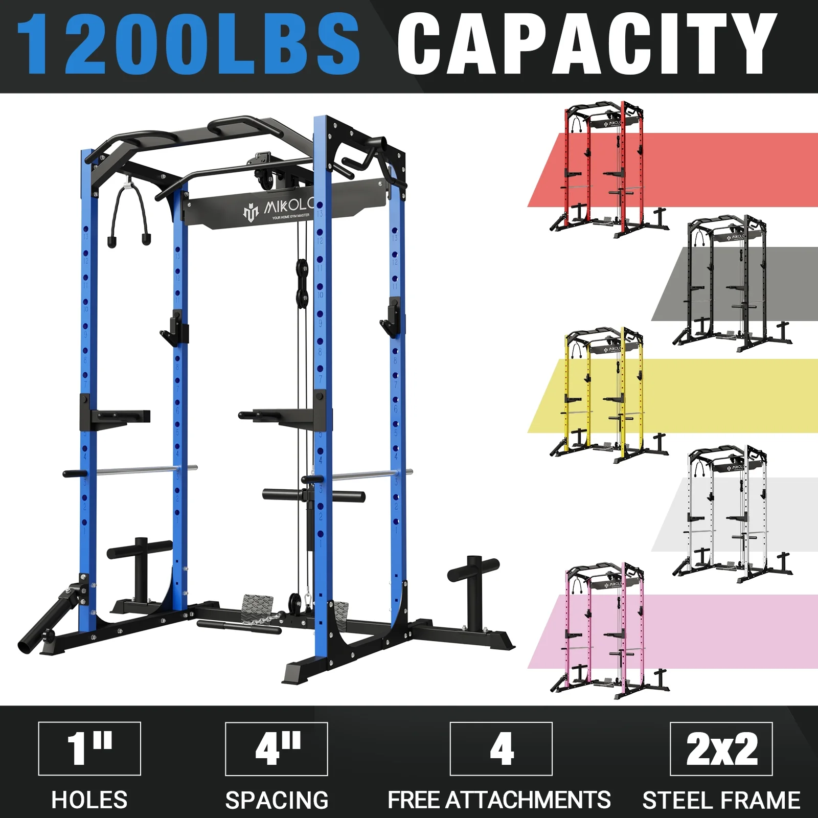 Mikolo Power Rack Cage with LAT Pulldown System, 1200LBS Capacity Power Rack, Multi-Functional Squat Rack with 13-Level Adjustable Height and J-Hooks, Dip Bars, T-Bar, Squat Cage(Upgraded)