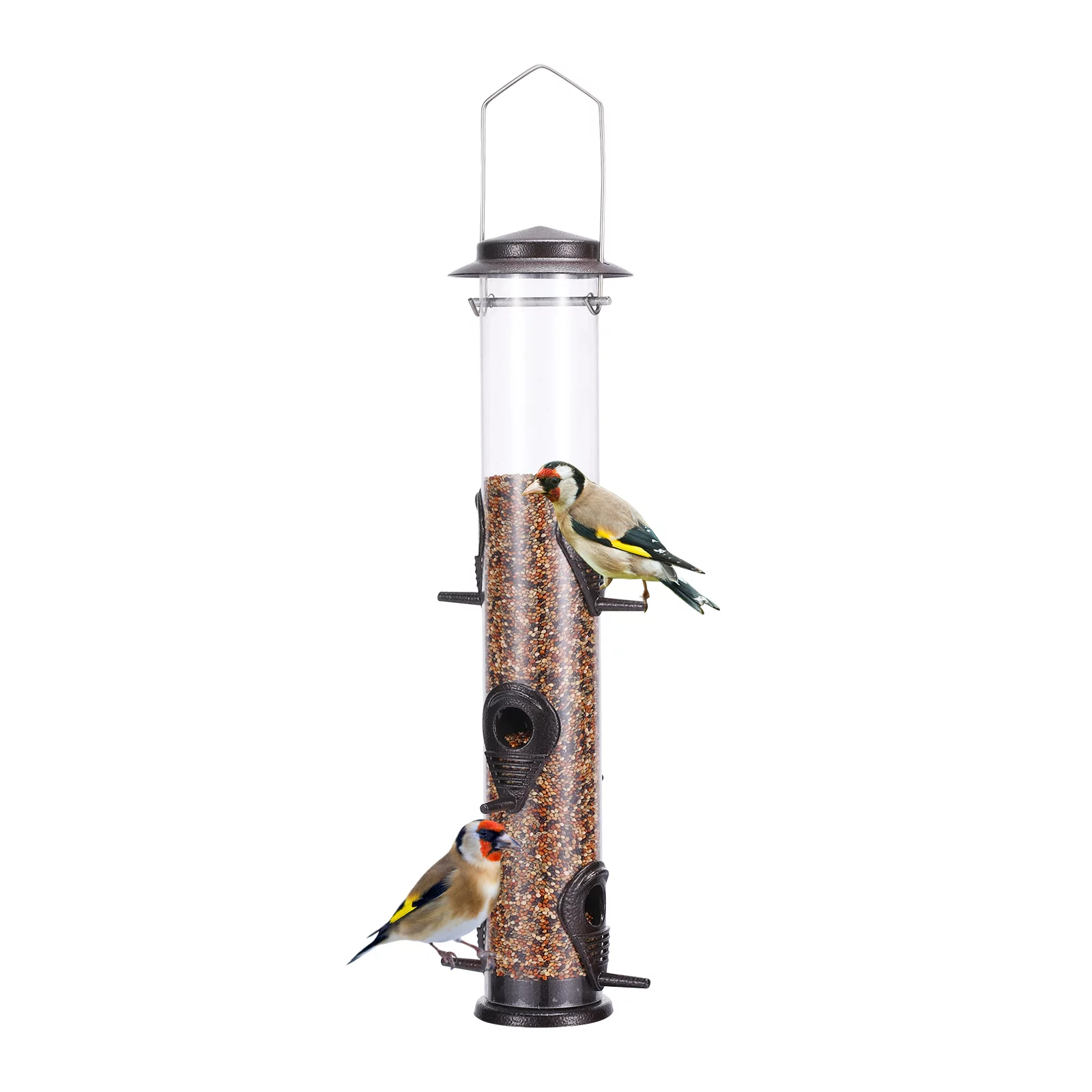 Urban Deco Metal Bird Feeder Tube Hanging Wild Bird Seed Feeder, Steel Hanger  Great for Attracting Birds (Coffee)