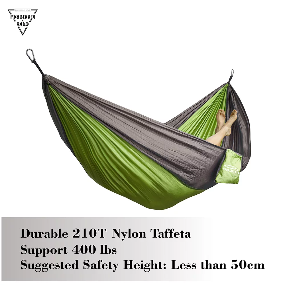 Forbidden Road Hammock Single Double Camping Lightweight Portable Hammock for Outdoor Hiking Travel Backpacking - Nylon Hammock Swing - Support 400lbs（Green & Gray