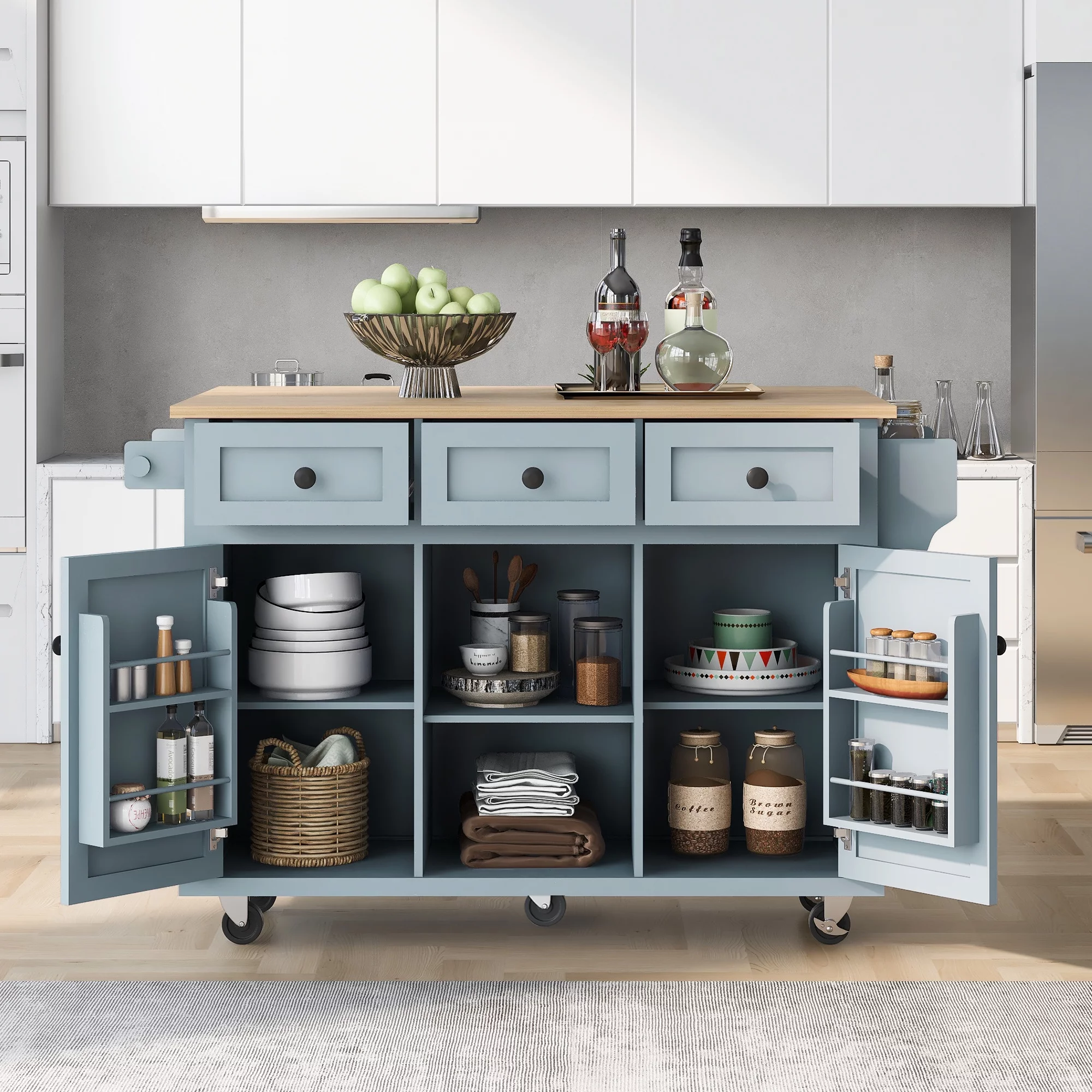 Churanty Kitchen Island with Drop Leaf and Wheels Rolling Kitchen Cart with Storage and Cabinet and 3 Drawers for Dining Room,Blue