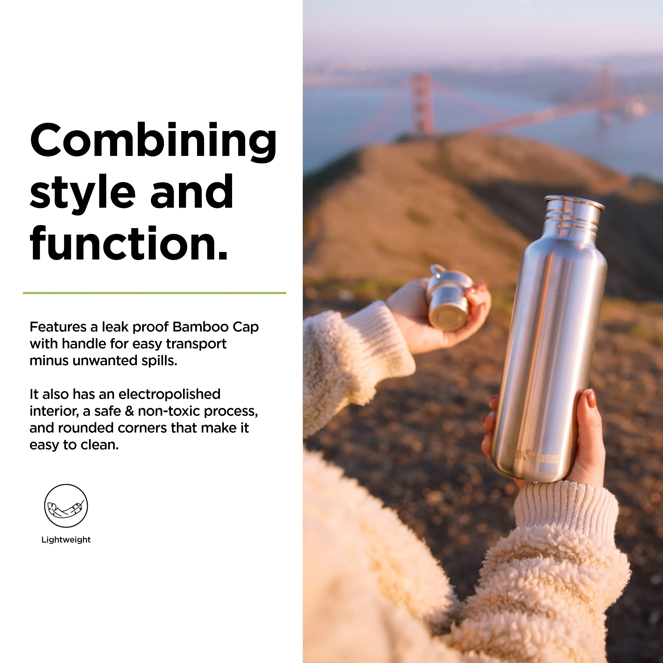 Klean Kanteen Reflect Water Bottle with Bamboo Cap - Reusable, Stainless Steel Water Bottle for Men and Women - 27 Oz, Brushed Stainless Steel