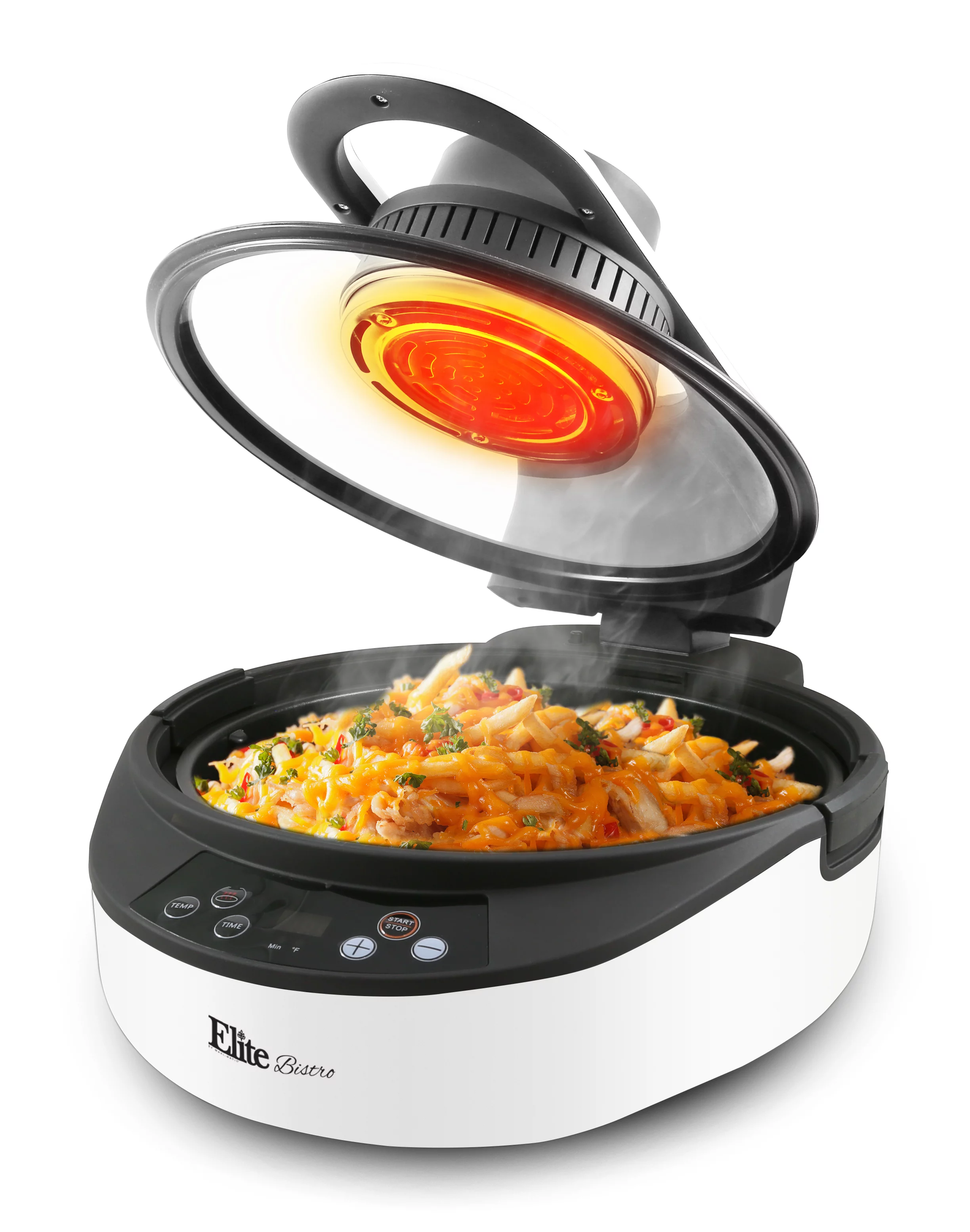 Elite Gourmet EAF5002W Clamshell Air Fryer Dual Heating Oil-Less Healthy Cooker with 5Qt. Capacity,1500-Watts, White