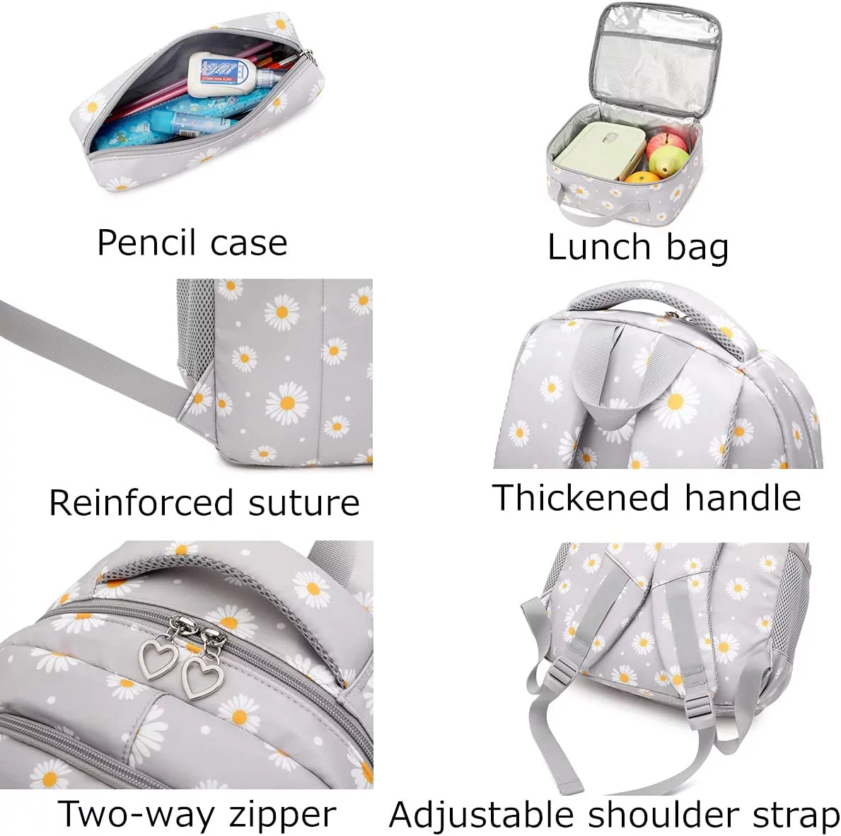 3Pcs Daisy Prints Backpack for Girls Bookbag set Primary School Daypack Elementary Students Knapsack with Lunch Box