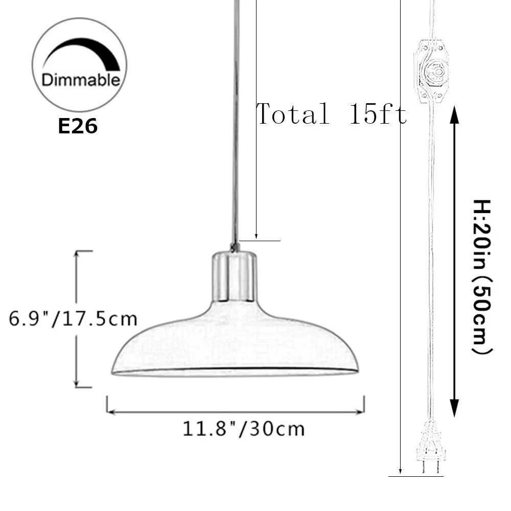 FSLiving No Wiring Needed Instant On Hanging Pendant Lamp with 15ft Plug-in UL Dimmable Cord Macaron Pink Lamp Iron Stoving Varnish Finished Lampshade Customizable,Bulb Sold Separately - 1 Light