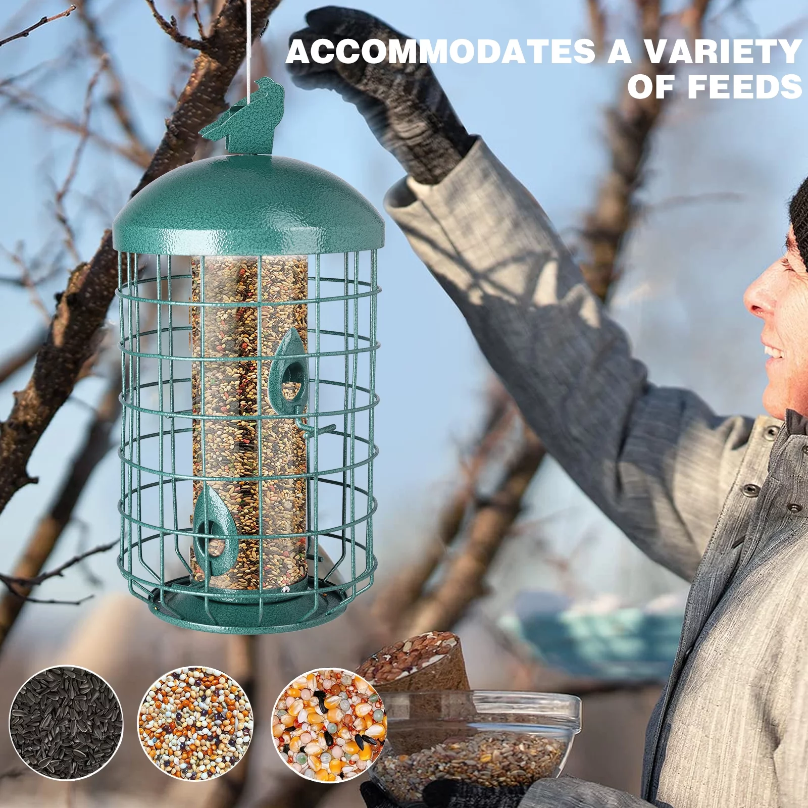 MUMTOP Squirrel Deterrent Green Bird Feeders for Outdoors Hanging, 2.73 lb Large Capacity, Caged Tube Wild Bird Feeder – Premium Grade Steel, Chew-Proof and Weather Resistant