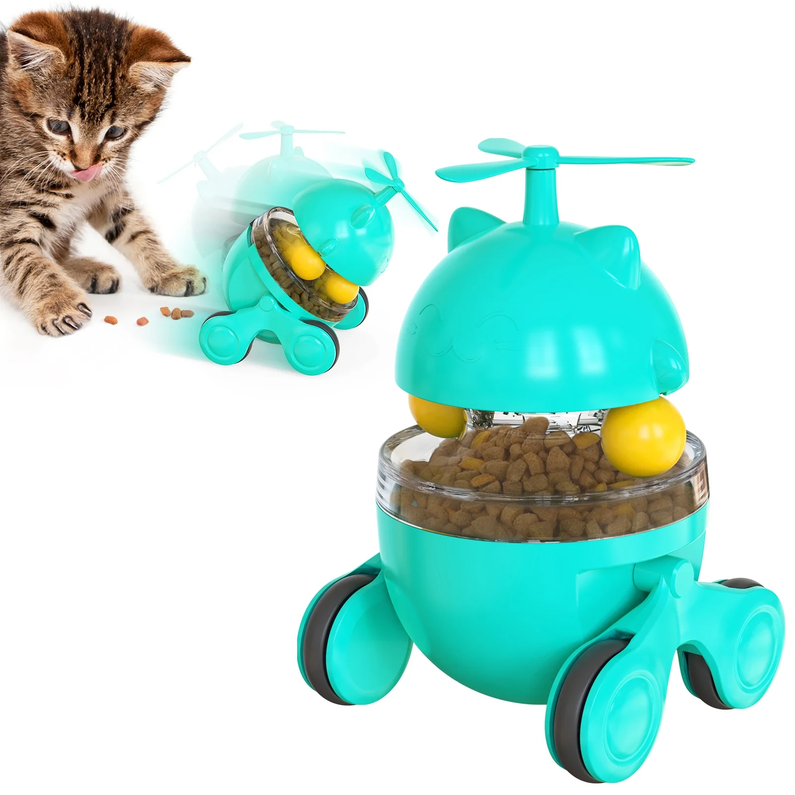 Toy Cats Supplies Treat Dispenser with Wheels Ball Interactive Food Dispenser Slow Feeder for Indoor Cats Tumbler Stimulation Puzzle Feeder, blue
