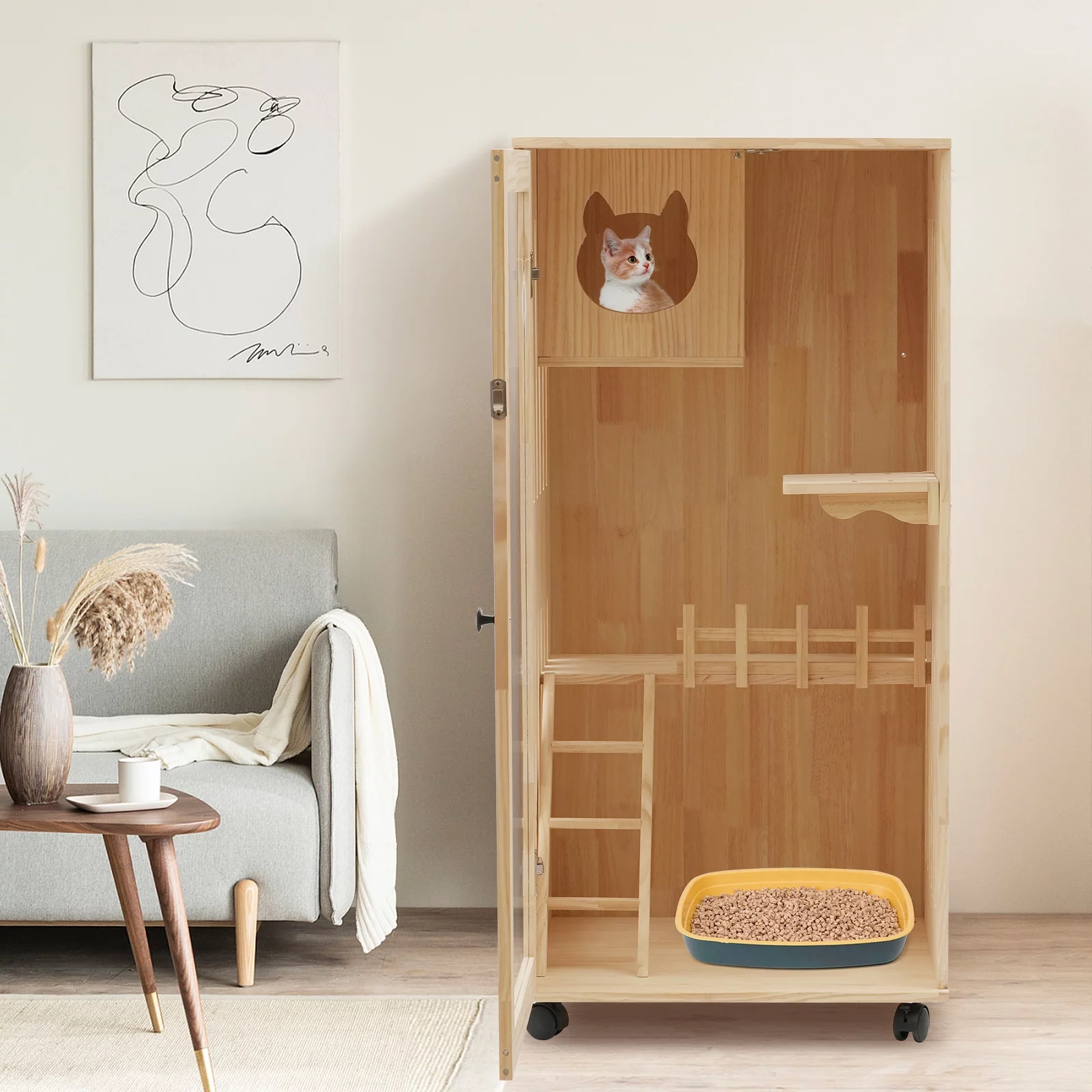 Miumaeov Large Wooden Cat House for Outdoor and Indoor Cats,Luxury Multi-Feature Cat Condo with Cat Scratching Posts Oversized Cat Villa on Wheels (23.62*23.62*47.24 inch)