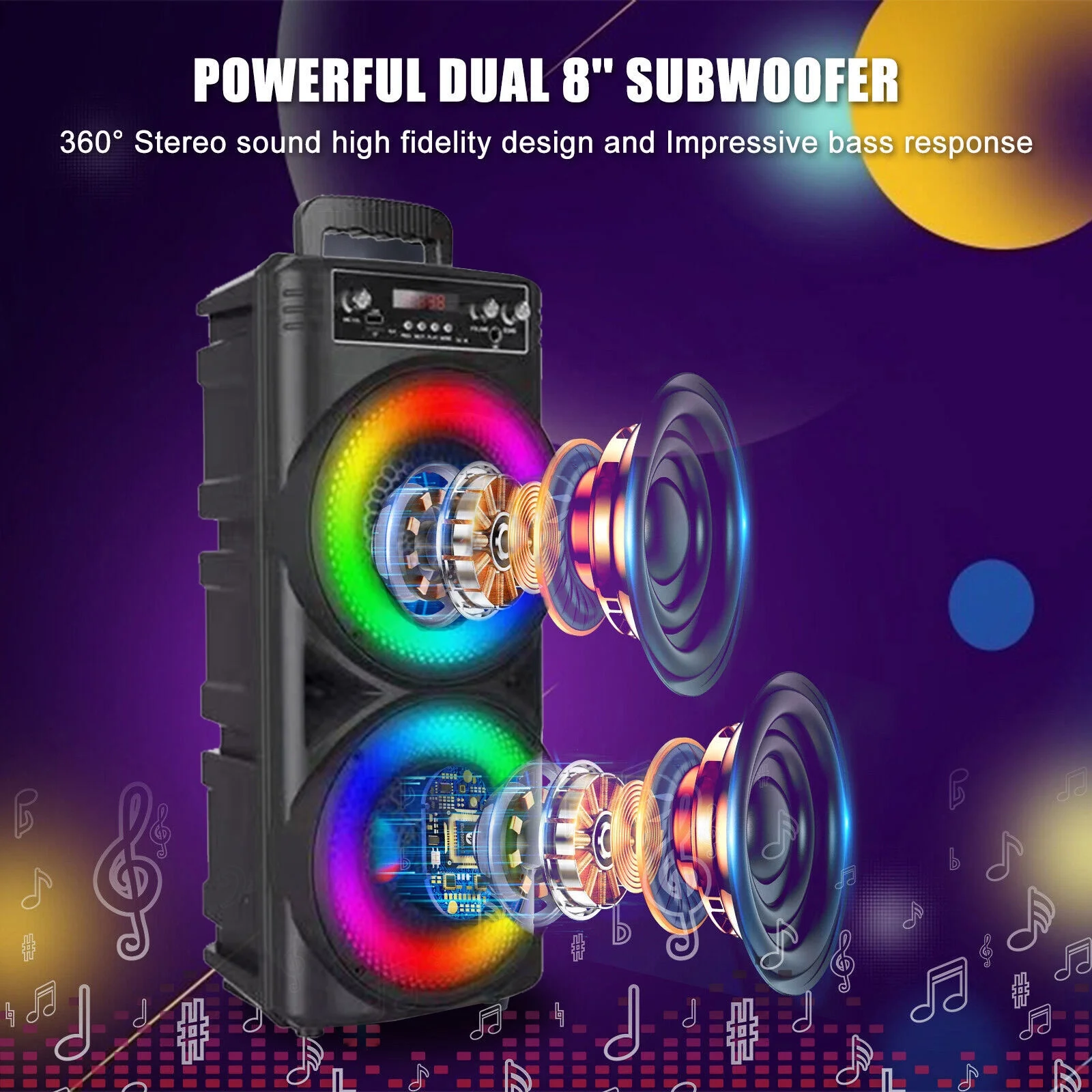Tianlaimei Portable Bluetooth PA Speaker 5000W Dual 8 inch Subwoofer Heavy Bass Loud Sound System Party Speaker & Mic -FM/AUX/MP3/USB