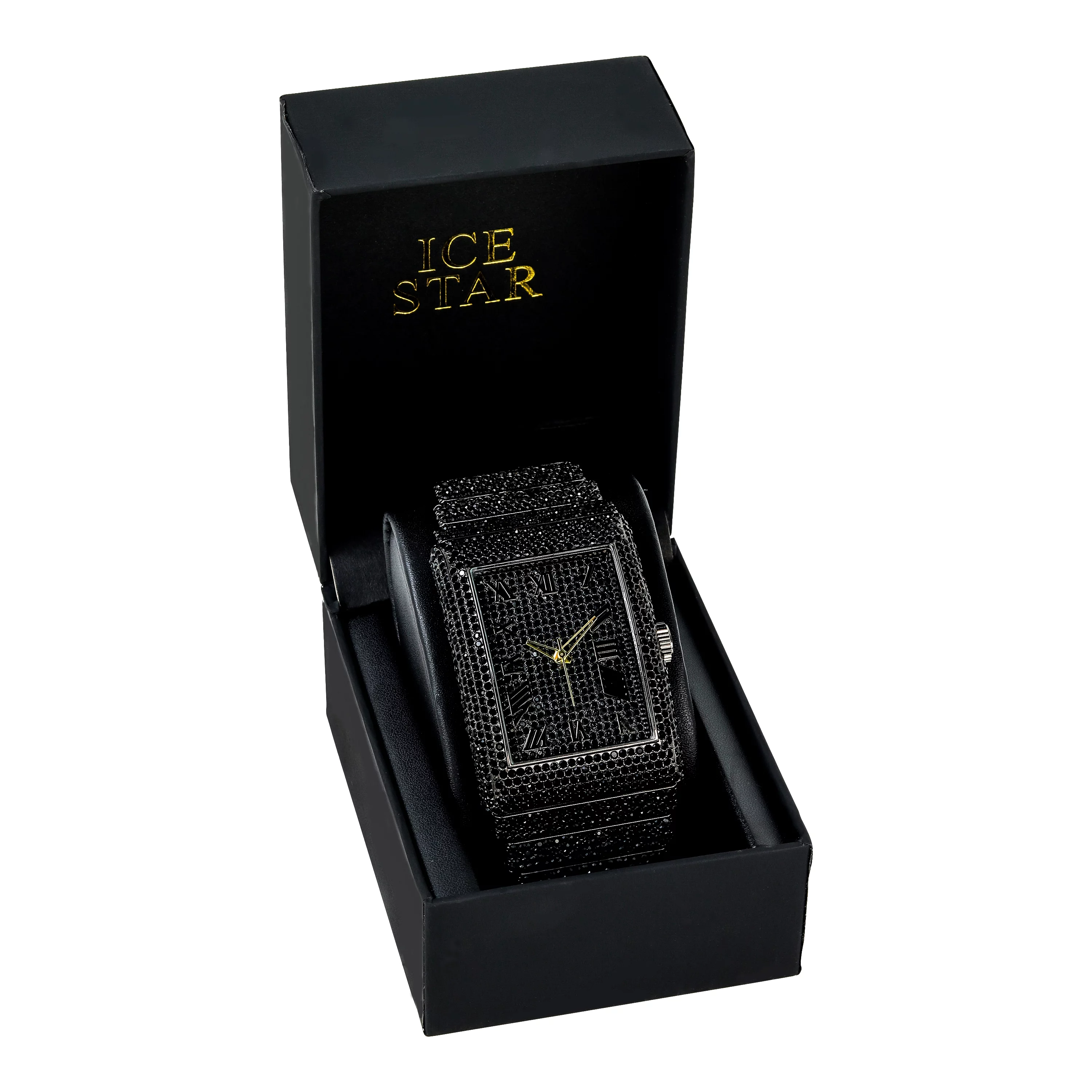 Men's Rectangle Iced Out Diamond Watch - Brilliant Crystals, Bling-ed Out Roman Dial, Iced Bezel - Fully Iced Out Band with Adjustable Sizing - Gun Black Finish - Luxury Timepiece