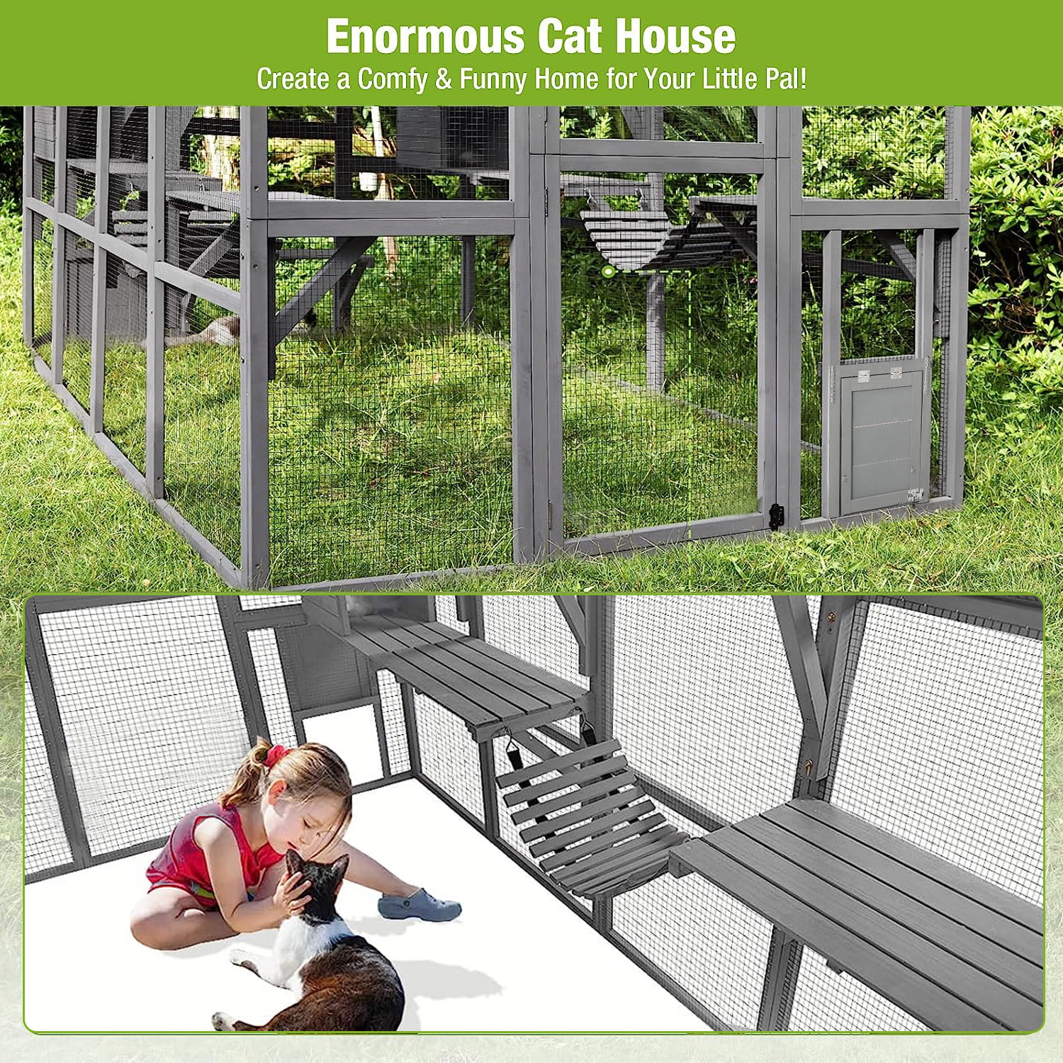 Cat House Outdoor Luxurious Cat Condo, Segmart Walk-in Weatherproof UV Proof Walk in Catio Enclosure Iguana Cage with Sunshine Board, Super Large Enter Door, Sleeping Houses, Bridges, Dark Grey
