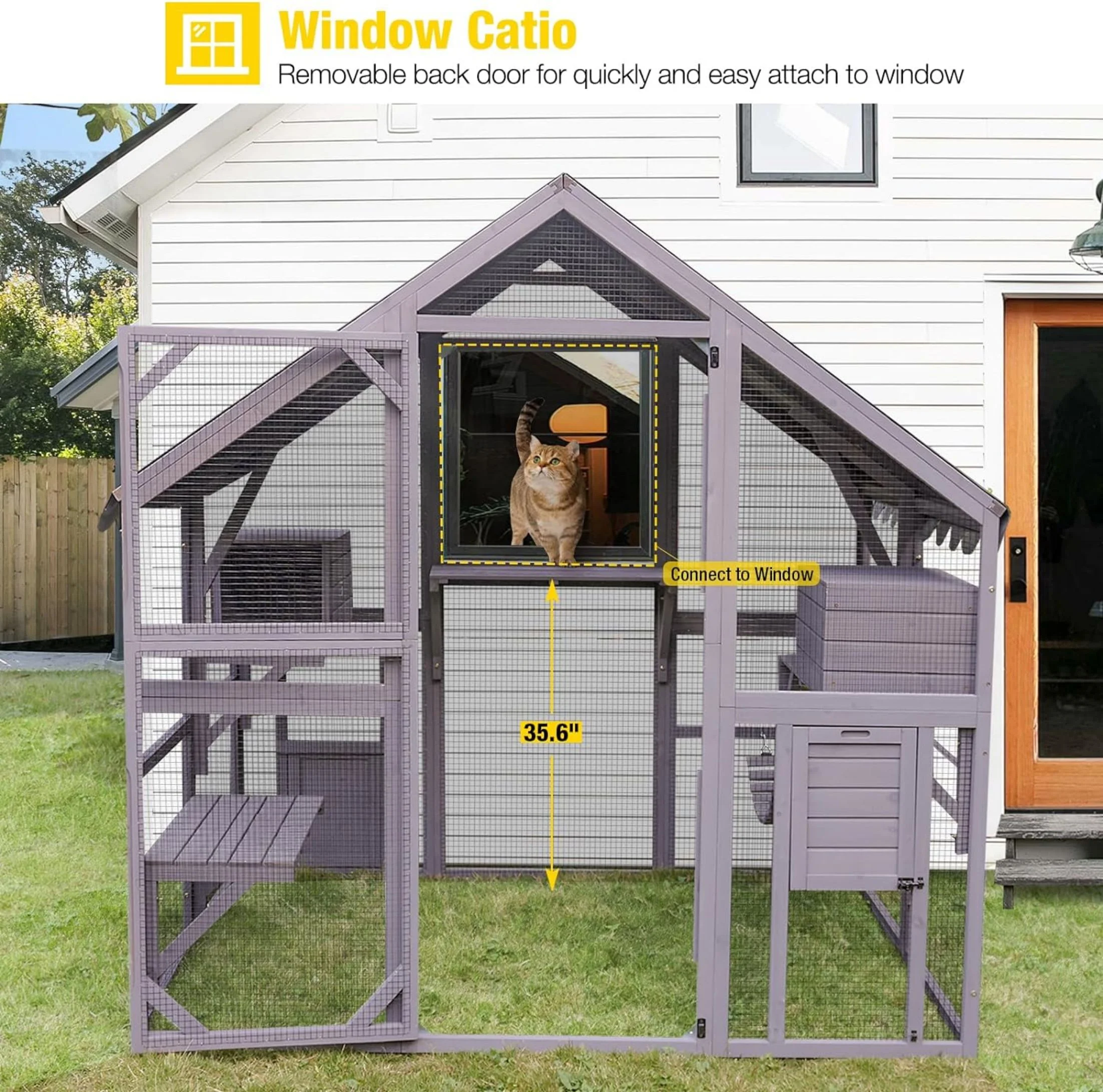 Morgete Large Cat Catio Walk-in Enclosure Wooden Cage with Bridges, Platforms, Rest Rooms, Roof Cover