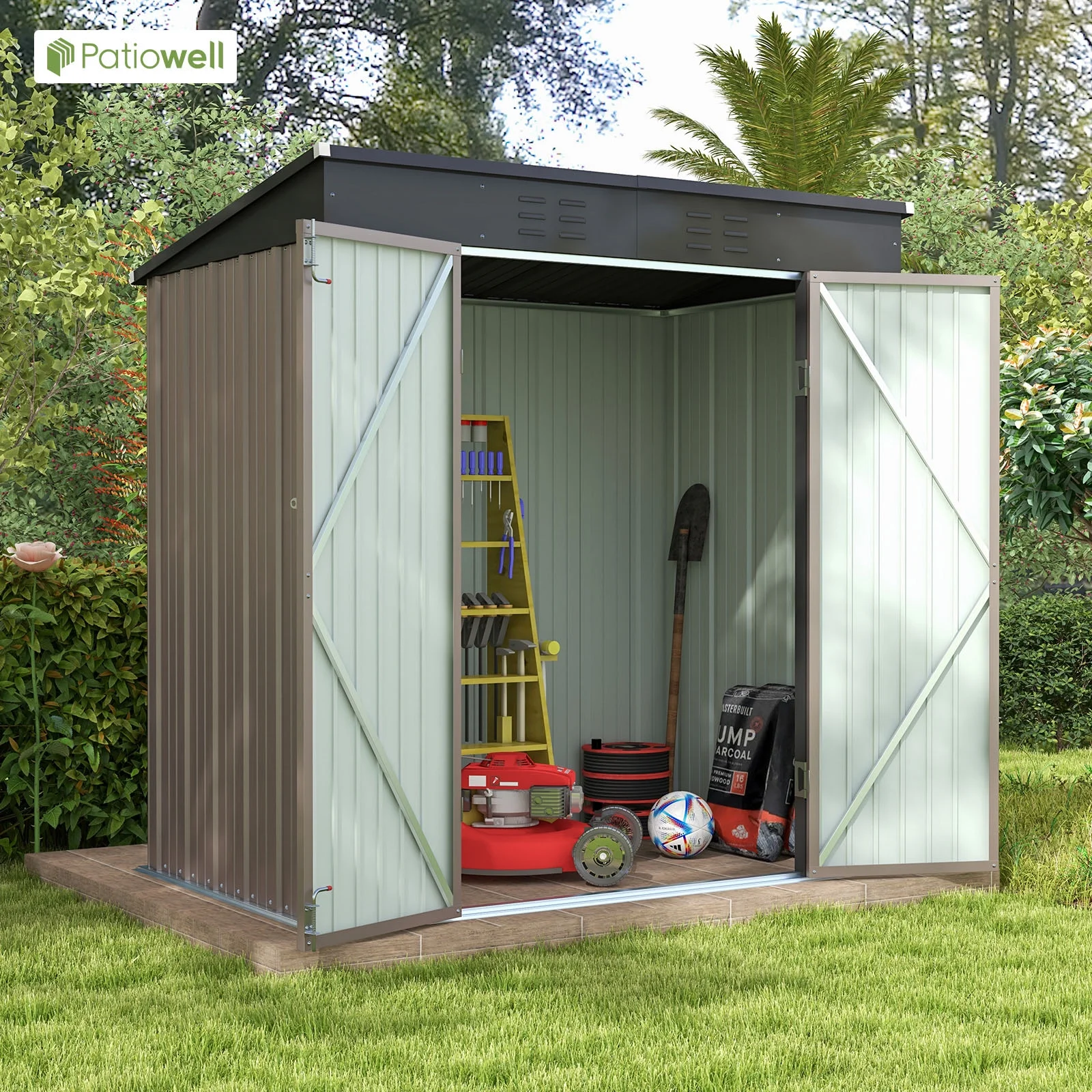 Patiowell 6x4 FT Outdoor Storage Shed, Metal Sheds with Double Lockable Doors for Lawn, Brown