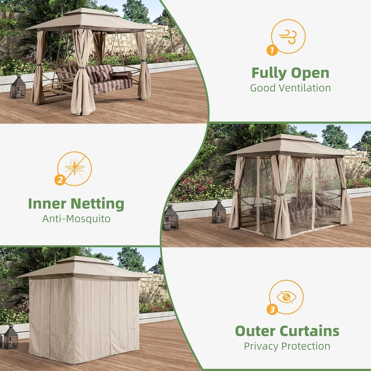 PURPLE LEAF 3 Person Outdoor Patio Porch Tent Swing with Netting & Curtains Swing with Canopy for Adults