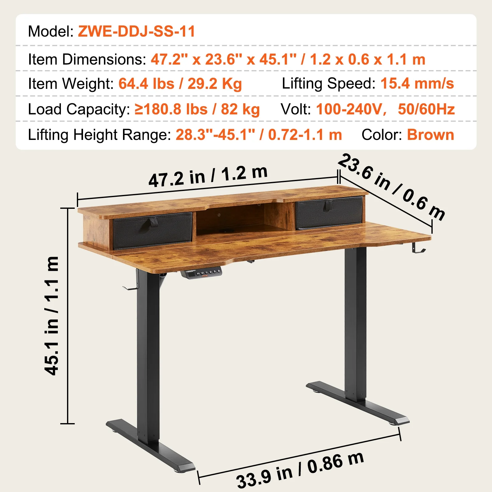 BENTISM Electric Adjustable Height Standing Desk 47.2