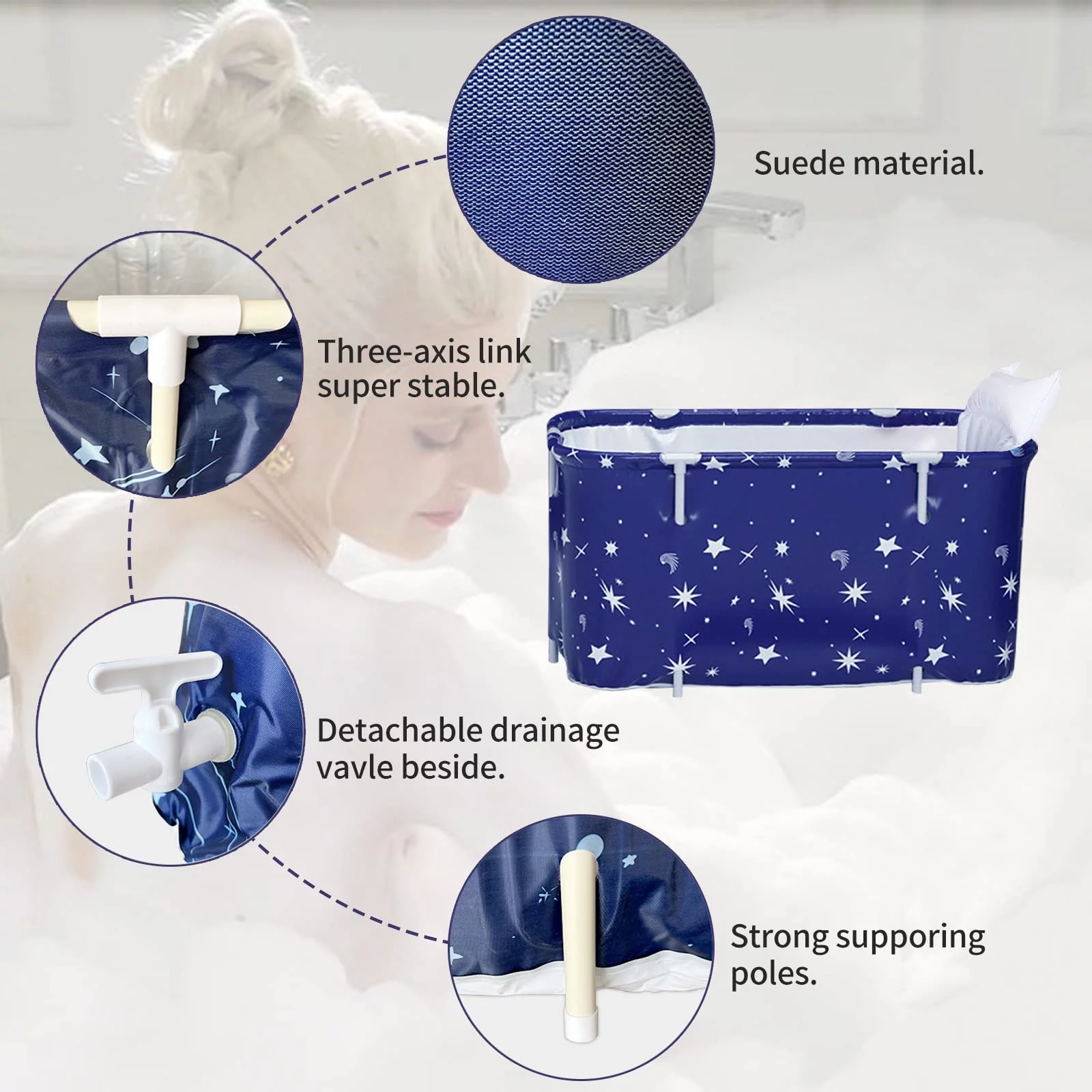 INXTAINER Folding Bathtub for Adult, 47in Large Protable Family APS Tub Foldable Soaking Bathing Shower Tub Kit for 2 Person, Starry Blue