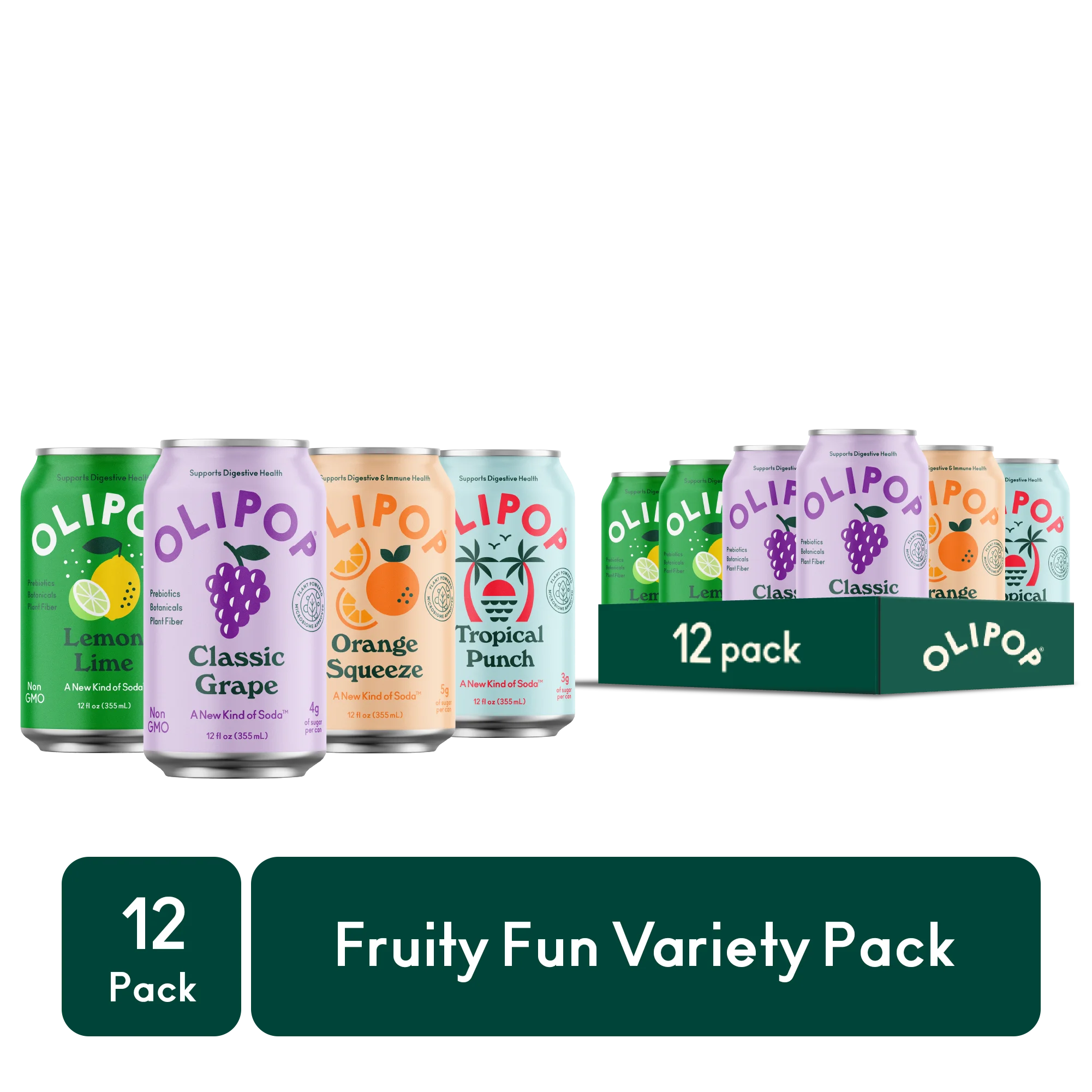 OLIPOP Prebiotic Soda, Fruity Fun Variety Pack, 12 fl oz, 12 Pack