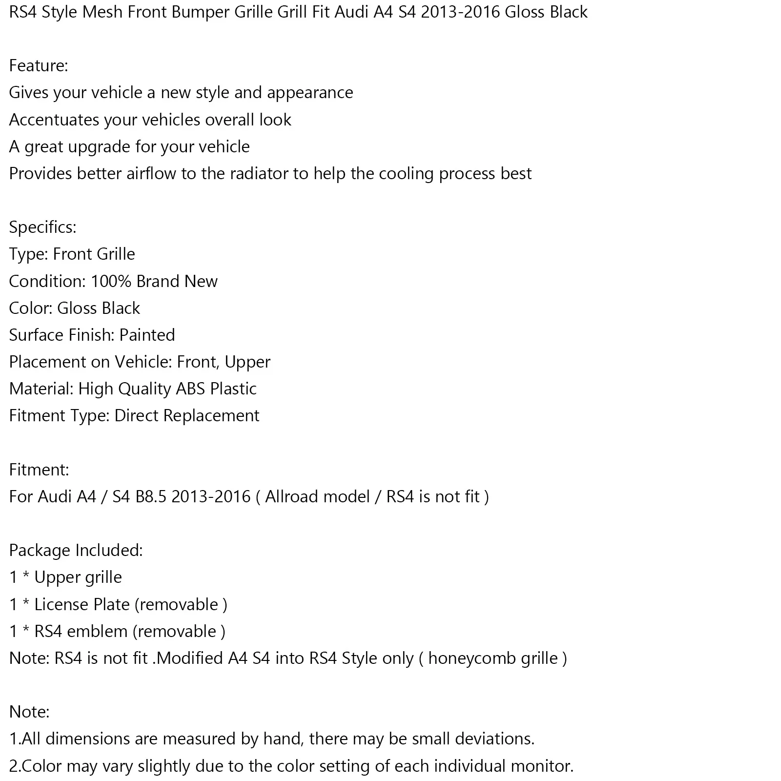RS4 Style Mesh Front Bumper Grille Grill fit for Audi A4 S4 2013-2016 Gloss Black