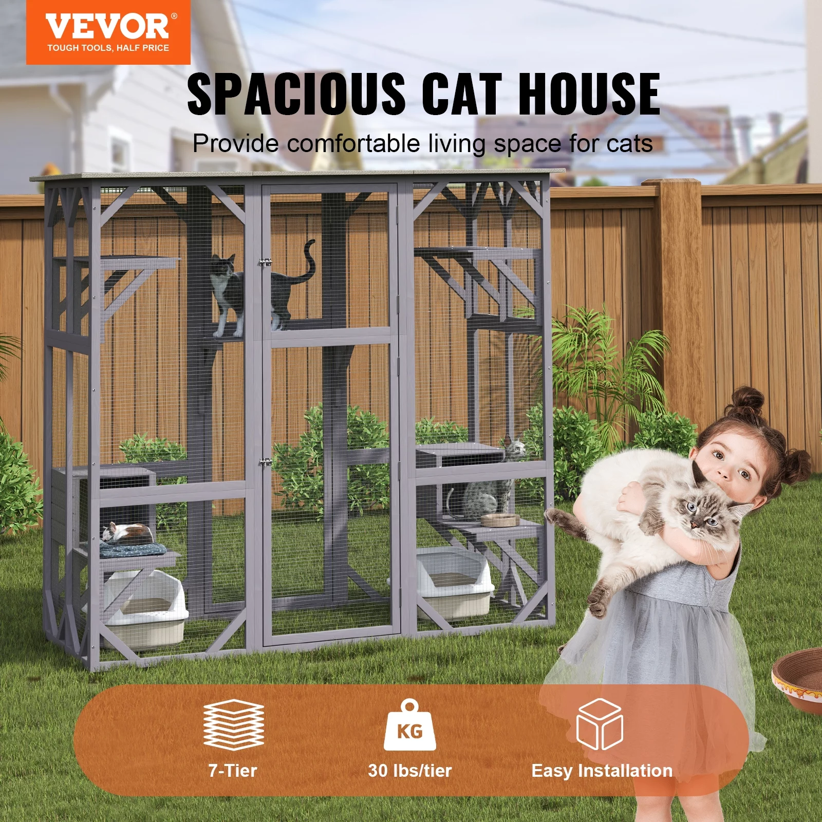 SKYSHALO Cat House Outdoor, 7-Tier Large Catio, Cat Enclosure with 5 Platforms, 2 Resting Boxes & Large Front Door, 71.2 x 34.6 x 66.5 inch