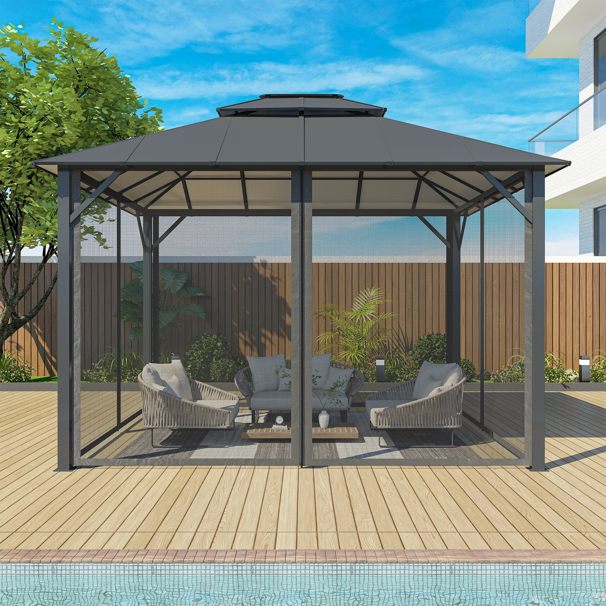 Mondawe 10'x12' Outdoor Hardtop Gazebo Insulated Aluminum Gazebo with Netting and Double Roof - Ideal Canopy Tent for Patio,Parties,Beach