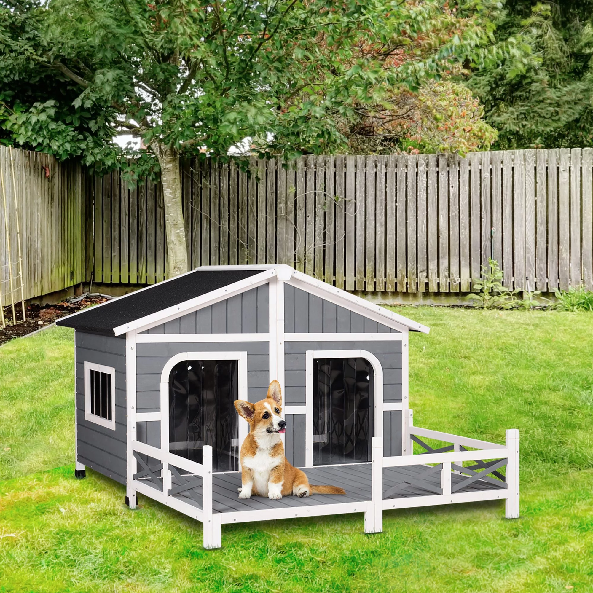 Pawhut Wooden Large Dog House, Perfect for the Porch or Deck and Includes Bottom Slide-Out Tray, 59